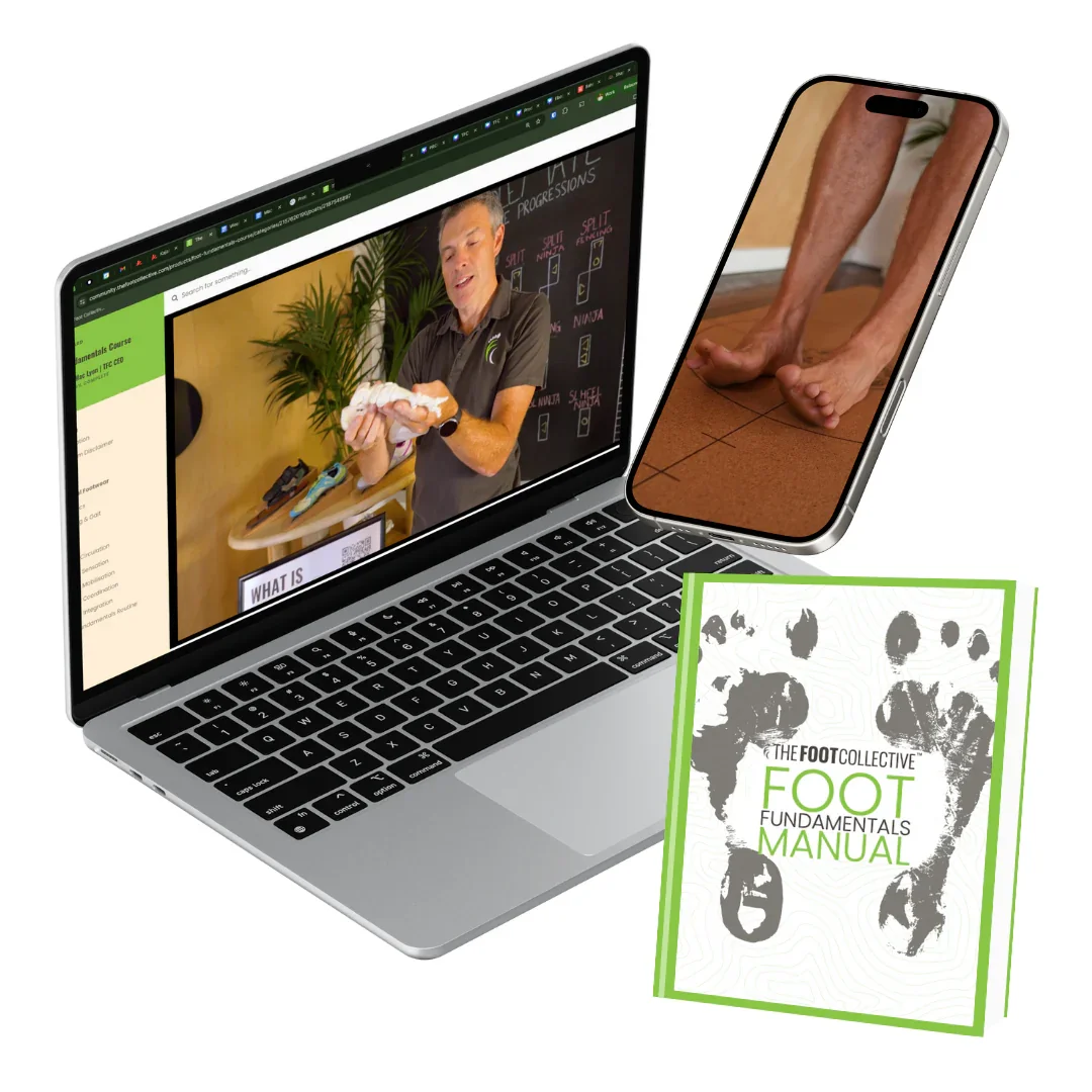 A laptop showing an online foot health course with a instructor demonstrating a technique, a smartphone displaying foot stretching exercises, and a foot manual titled "Foot Fundamentals Manual".