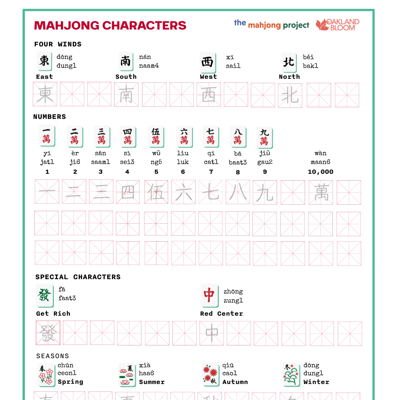 Mahjong Chinese Characters Practice Sheet