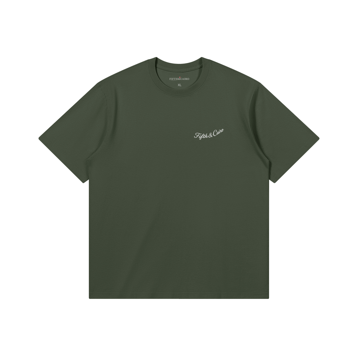 On-model photo of the FIFTH&CAIRO script T-shirt