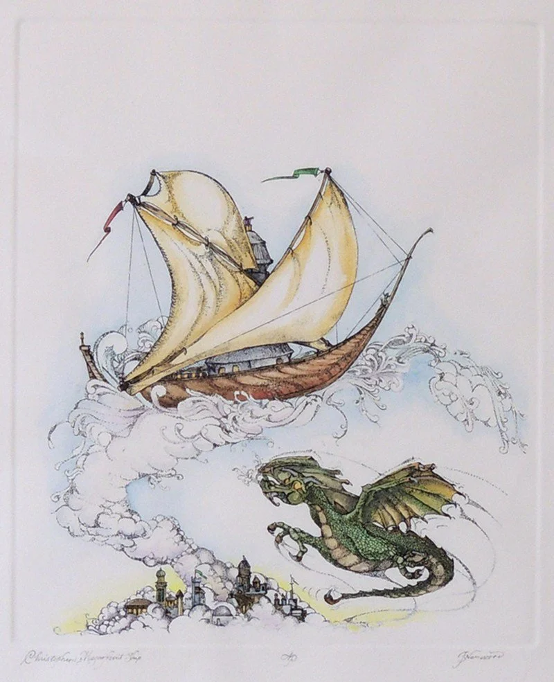 Christopher's Magnificent Ship - 10x12 Hand Colored Etching