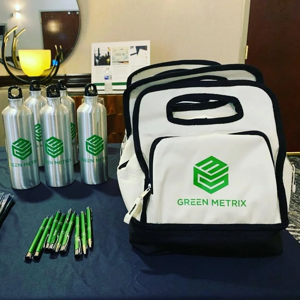 Park City event items for Green Metrix. That logo POPS!