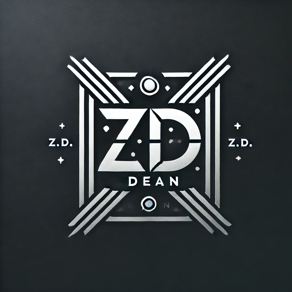 Decorative black and white graphic with the text "Z.D. Dean" and stylized geometric shapes.