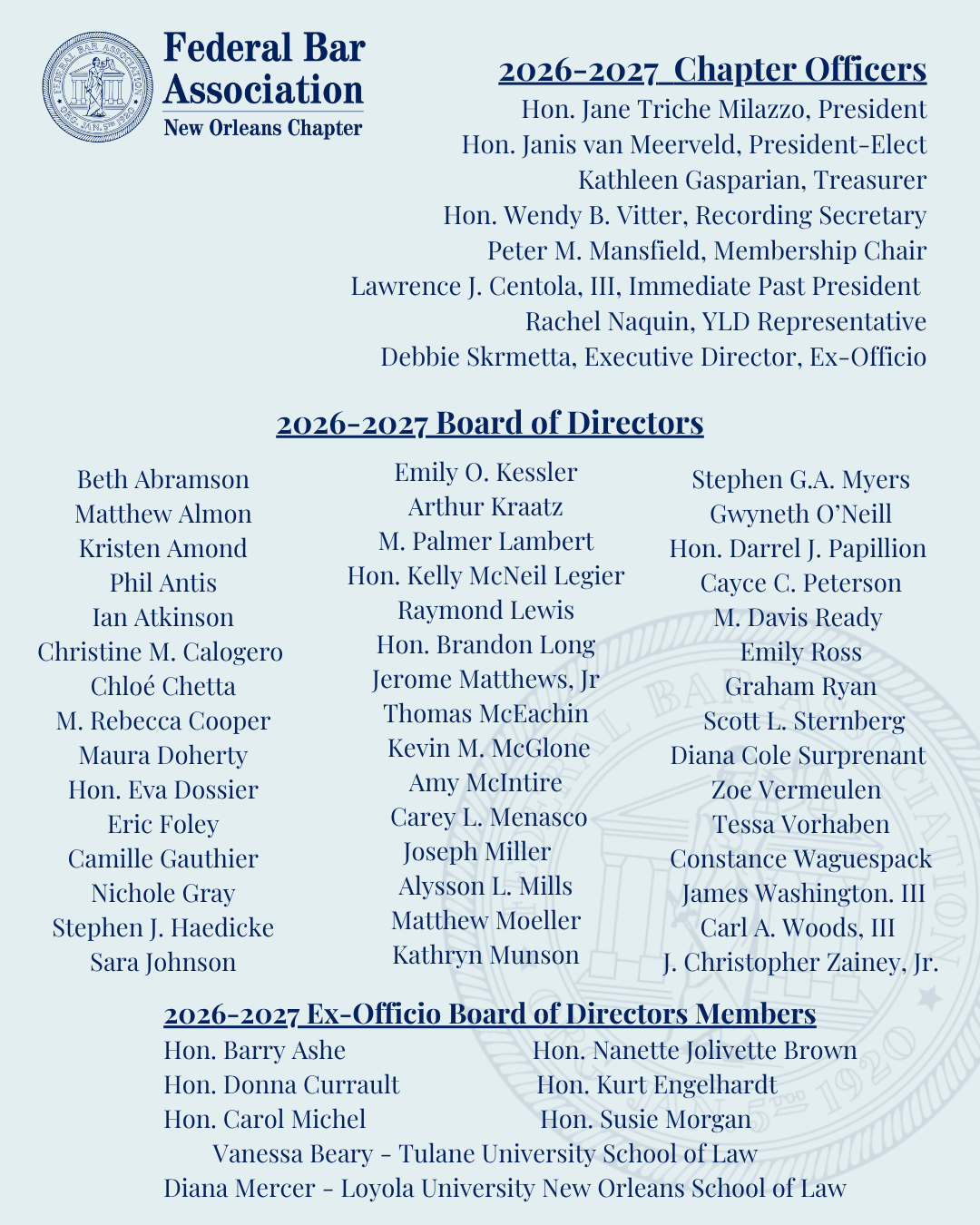 Chapter Officers, Board of Directors, and Ex-Officio Board of Directors Members for 2026-2027