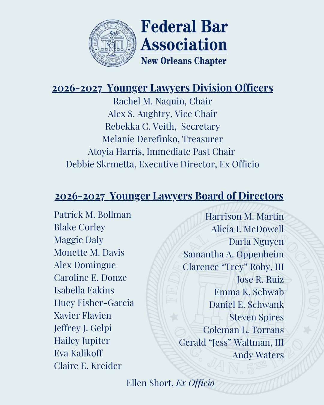 Younger Lawyers Division Officers and Board of Directors for 2026-2027