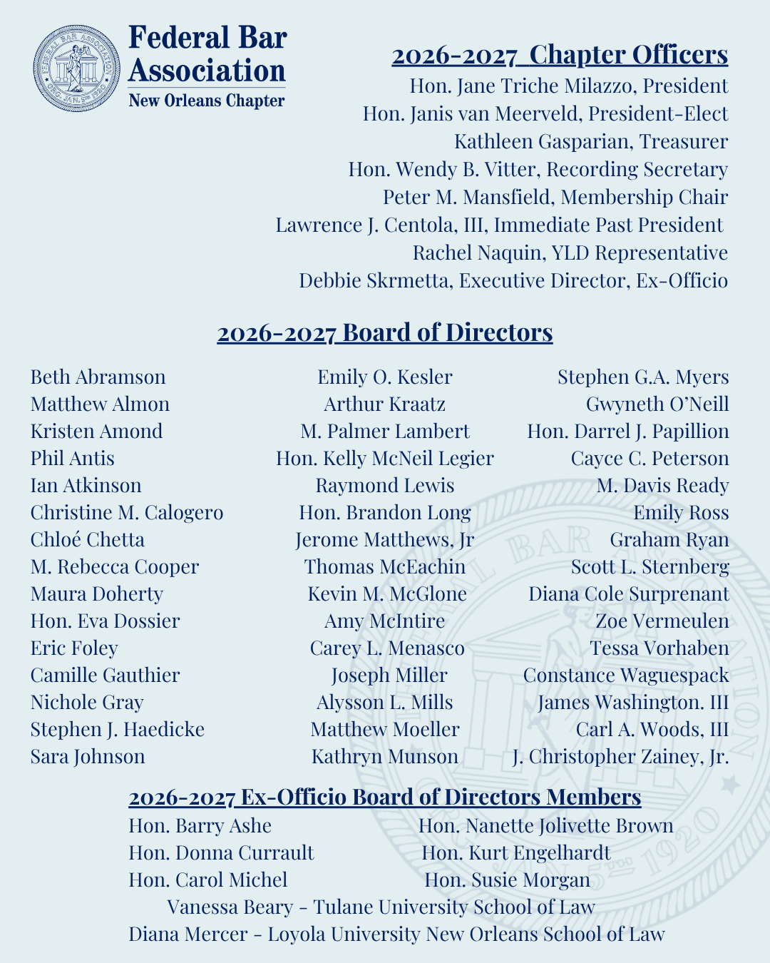 Chapter Officers, Board of Directors, and Ex-Officio Board of Directors Members for 2026-2027