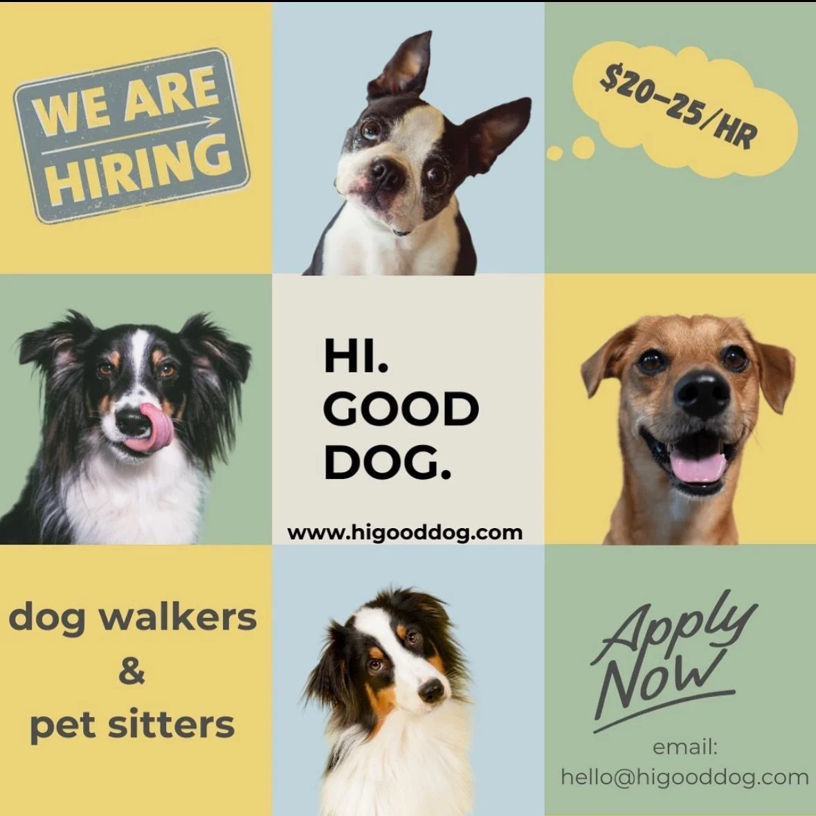 We&rsquo;re hiring!!!

hi. good dog. is looking for a reliable Dog Walker + Overnight Pet Sitter to join our pack.

✨ Flexible schedule
✨ Spend your days (and some nights!) with amazing dogs
✨ Growth opportunities for the right person

📩 Apply: hell
