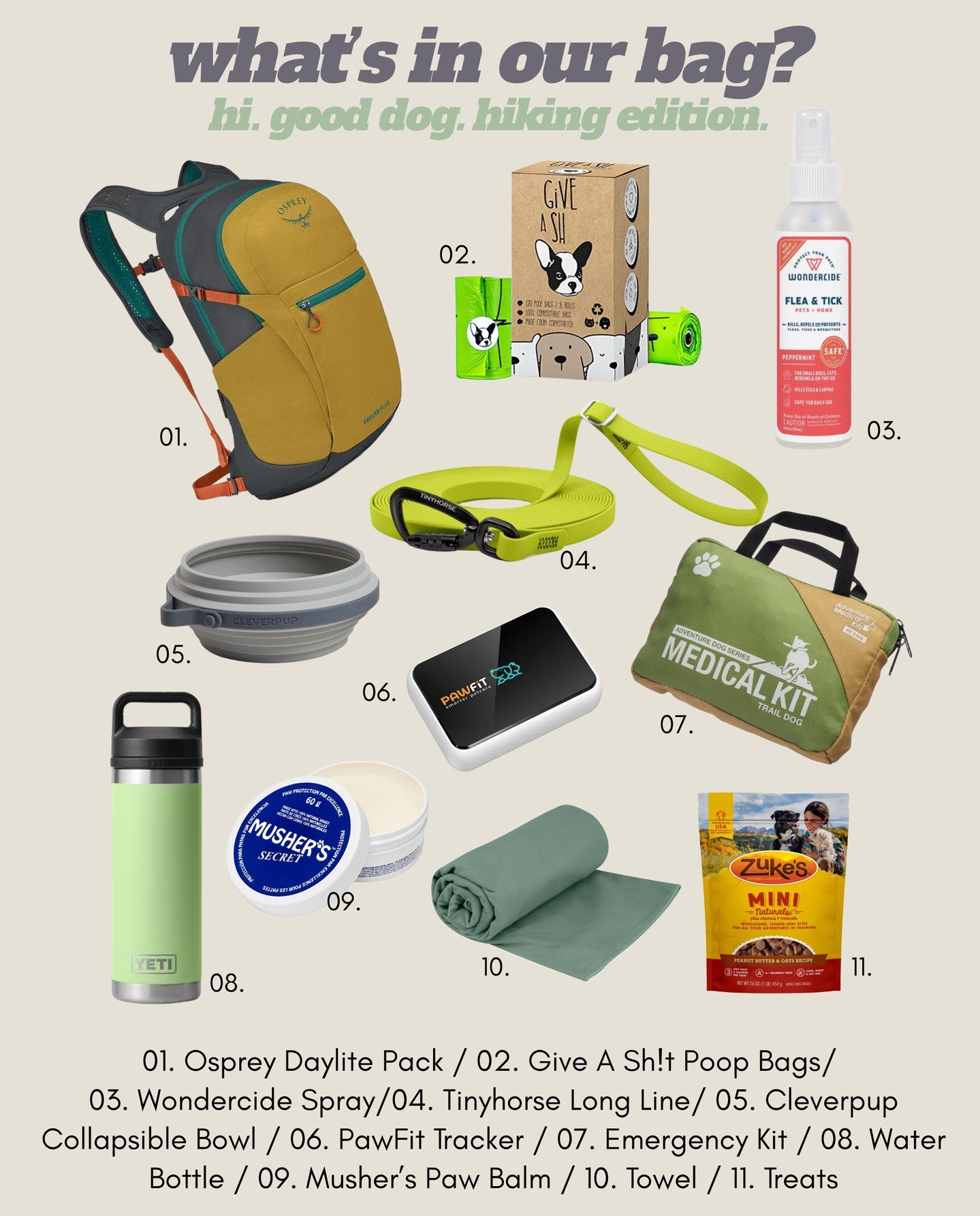 what&rsquo;s in our bag?⁠
⁠
me: water, first aid, backup leashes, tick spray, poop bags (so many), a towel, paw balm, and obviously treats. we hike smart and stay ready for anything.⁠
⁠
the dog: smells like snacks and freedom in here. 10/10. would sn