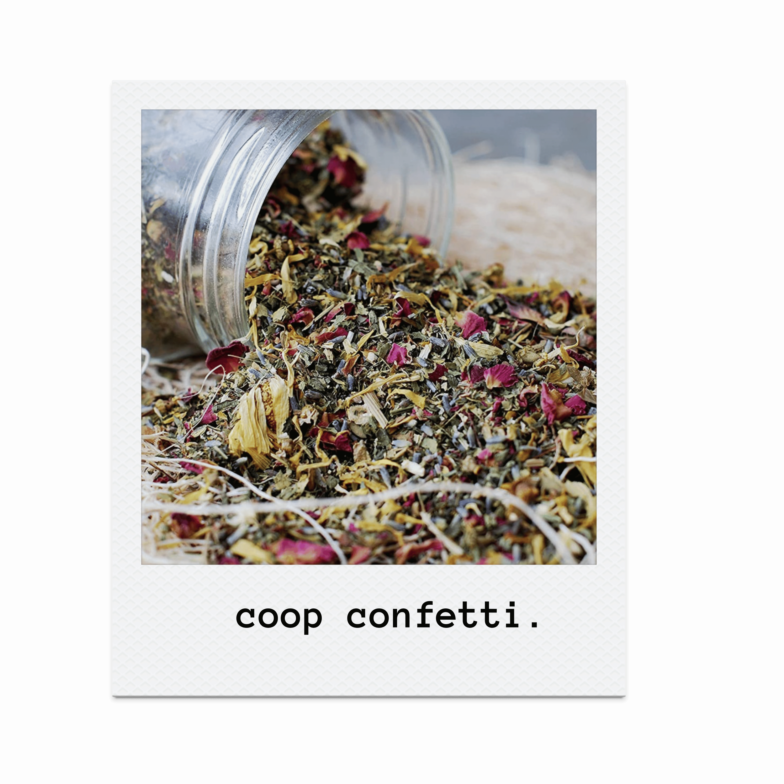 Dried loose confetti herbs and flower petals spilled from a glass jar on a surface, with the caption 'co-op confetti.'
