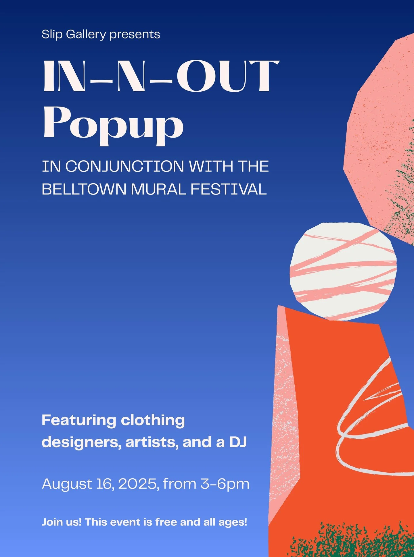 Hey! We're hosting an art and fashion popup as part of the IN-N-OUT Show! This free event features muralists who are participating in the Belltown Mural Festival, fashion designers, and, of course free entry to see the IN-N-OUT exhibit! Stop by for a