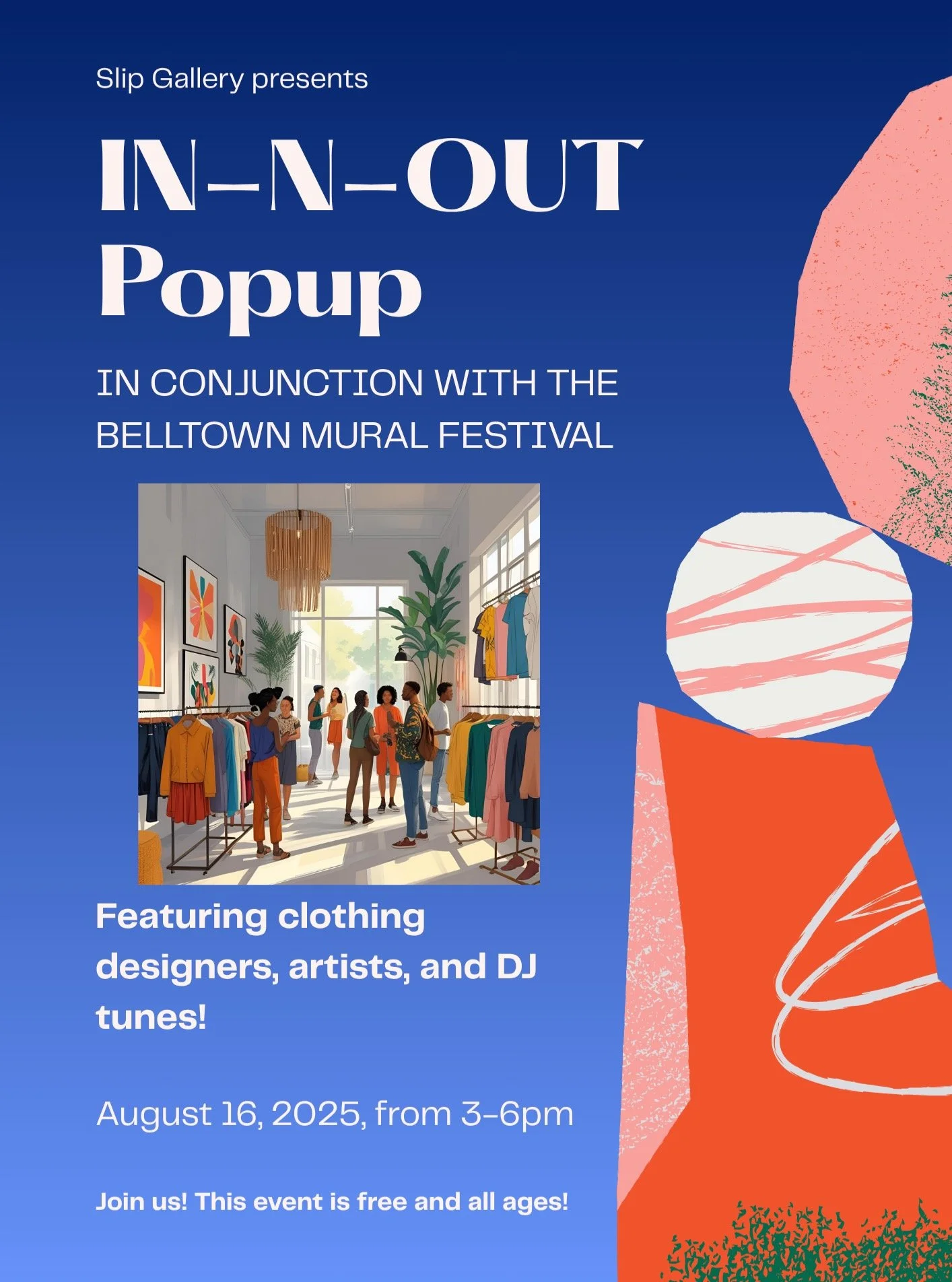 ⭐️Fashion + Art + Music 8/16, 3-6pm!⭐️ 

Come groove with us! Swing by Slip Gallery this Saturday for the IN-N-OUT popup, featuring @belltown.mural.festival artists, clothing designers, fiber artists, and tunes by @tremendadiosa 😎! Enjoy the gallery