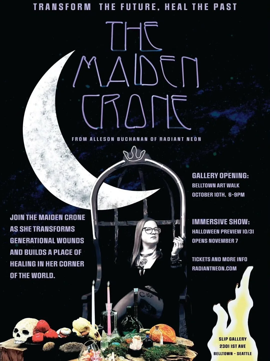 You're in for a treat this Friday at @slip_belltown! Our exhibit with @radiantneon entitled The Maiden Crone continues, this time with an immersive experience offering! The neon exhibit is free to enter, and the immersive experience can be accessed w