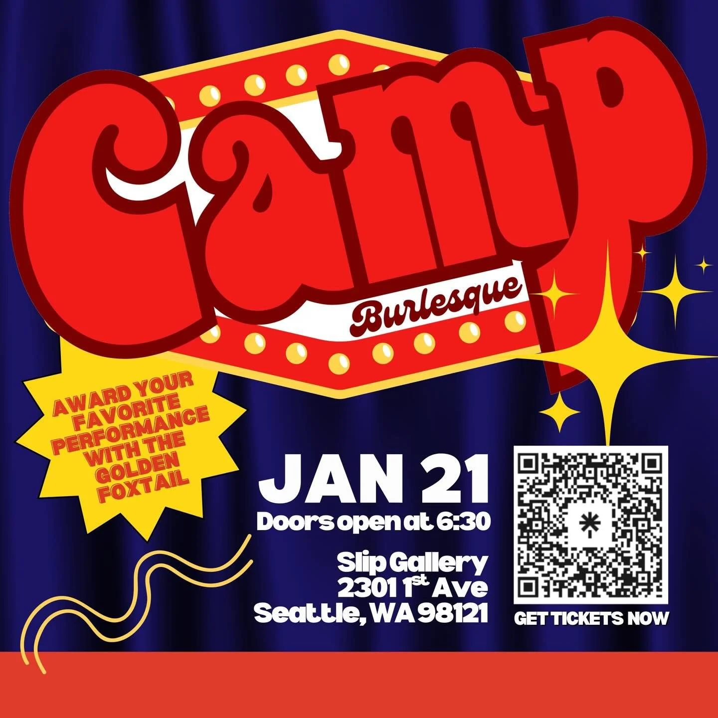 Join us for our third Camp! burlesque event next Wednesday the 21st! Sliding scale tickets available via the link in our profile. #seattleburlesque #seattleartists #belltown #artgallery #community