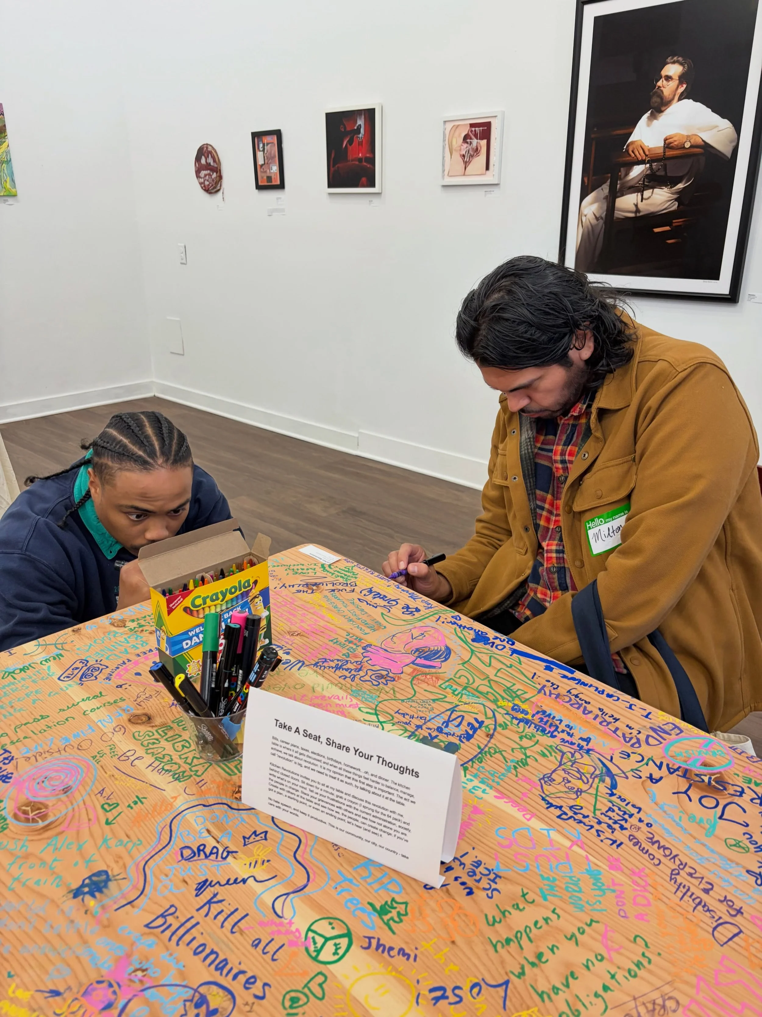 This collaborative piece by @jacobyhintonart is a part of your current exhibit Behind Closed Doors! You've covered the table, even the edges, so Jacoby has initiated a continuation onto the chair. 😂 Stop by and leave your message! #seattleartists #s