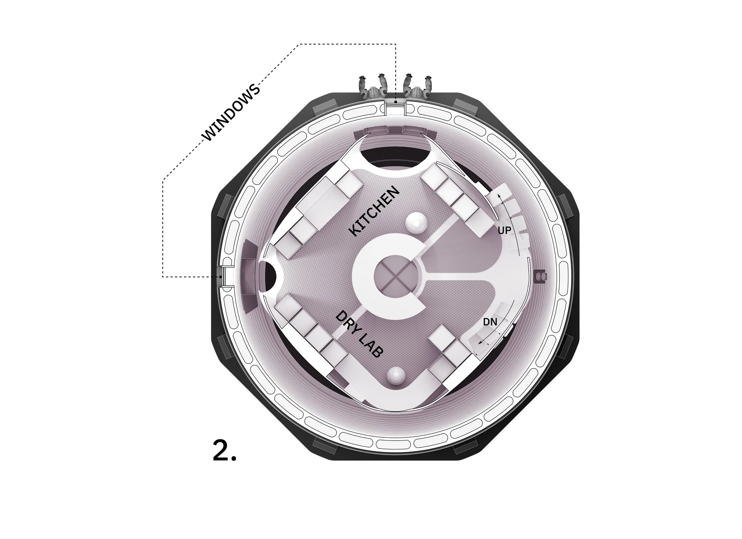 Communal facilities within SpaceFactory's 3D-printed Mars habitat are concentrated on the second floor.