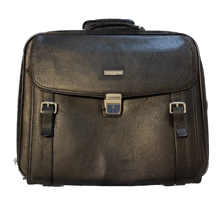 Brooks Brothers Black Pebbled Leather Rolling Briefcase Wheeled Carry On Bag