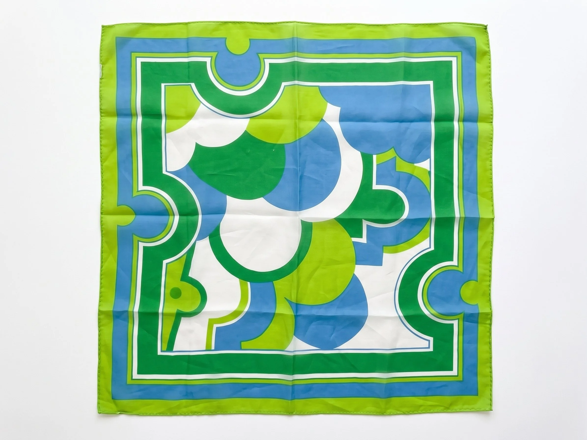 Vintage 1960s–1970s Mod Geometric Foulard Scarf | Psychedelic Cutout Rings & Puzzle Border | Chartreuse, Emerald, Cornflower Blue & Crisp White | 26.5" Square