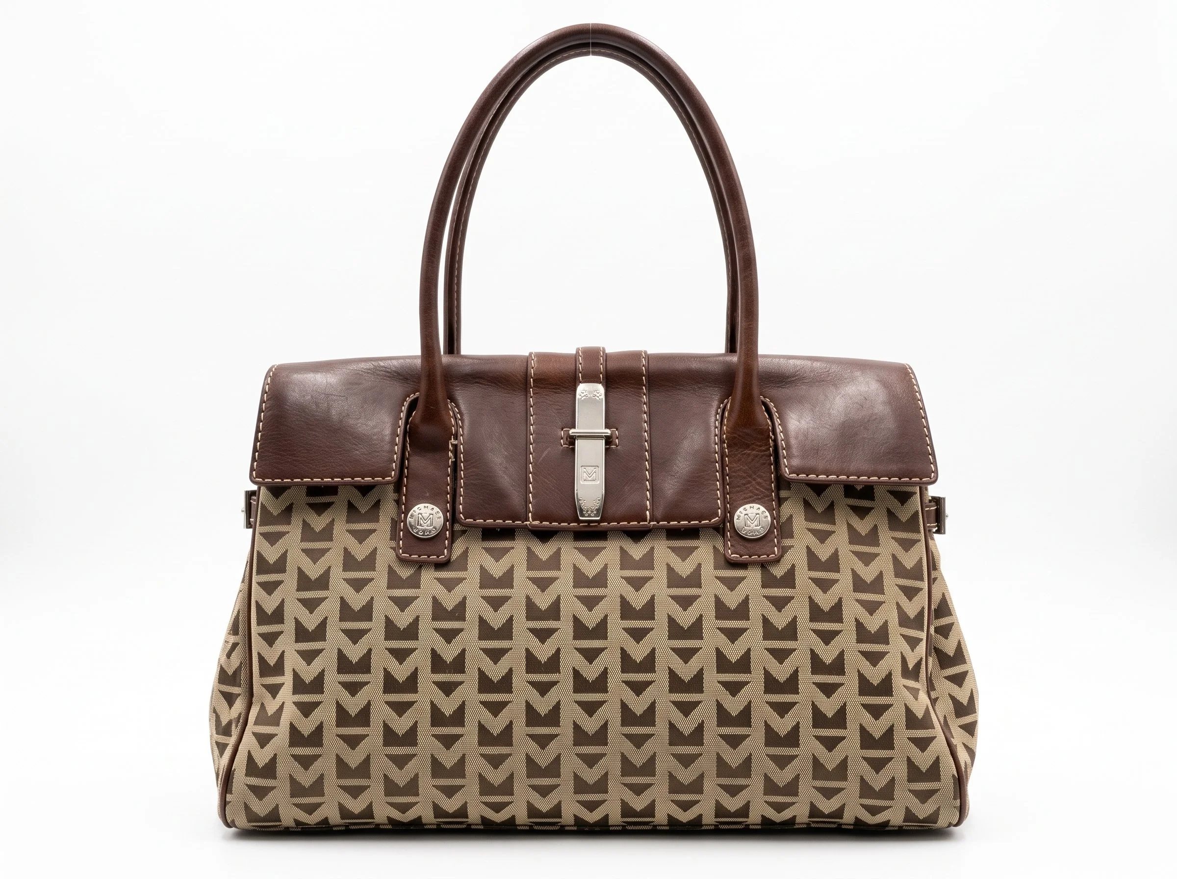 Vintage Michael Kors monogrammed canvas and leather tote handbag.