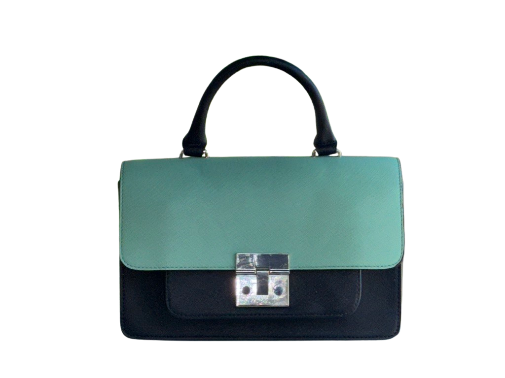 Front view of Zara mint green and dark navy colorblock Saffiano top-handle bag on clean studio background.