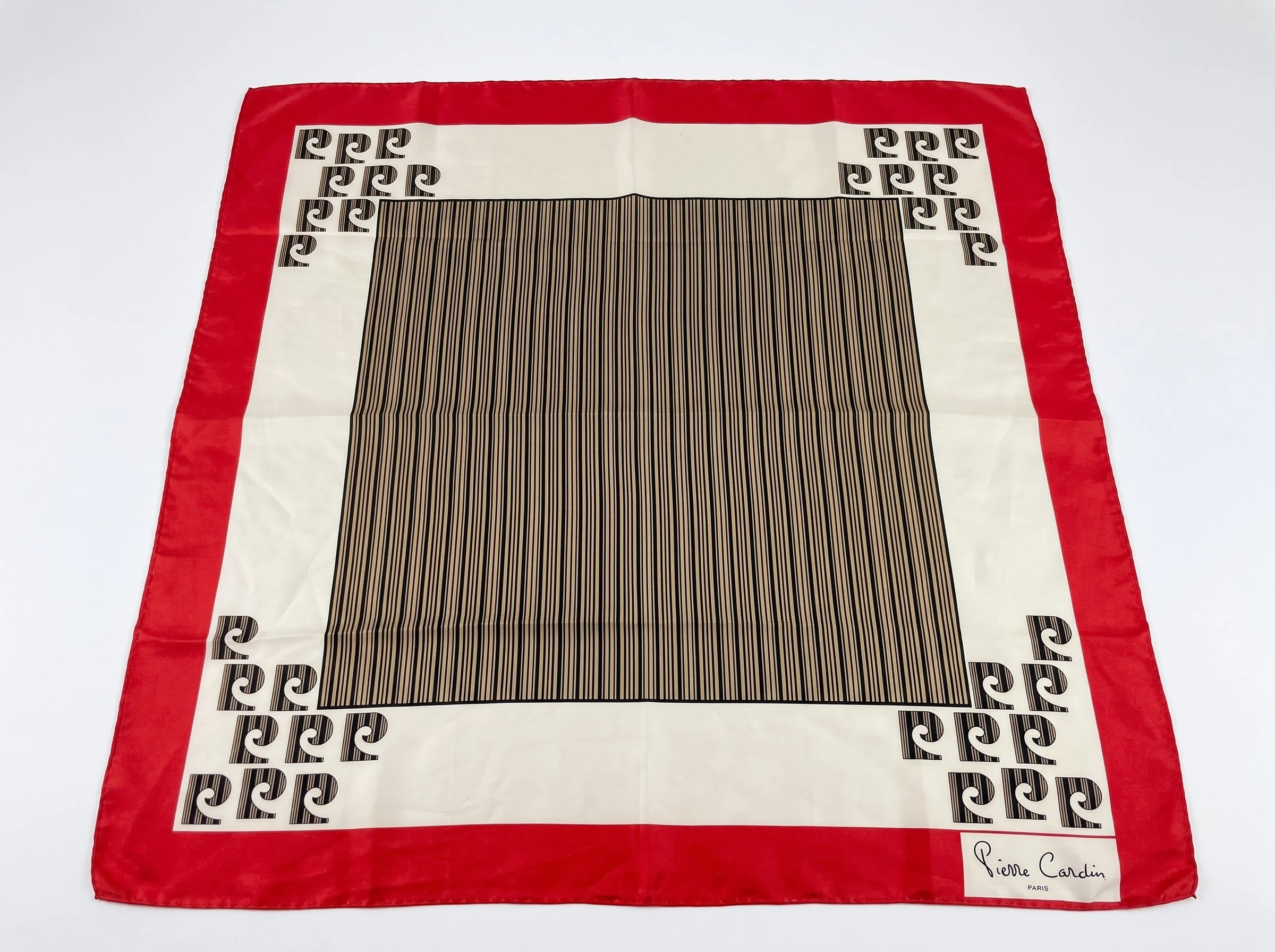 Vintage Pierre Cardin Paris Mod Logo Silk Scarf | Red Border Geometric Foulard