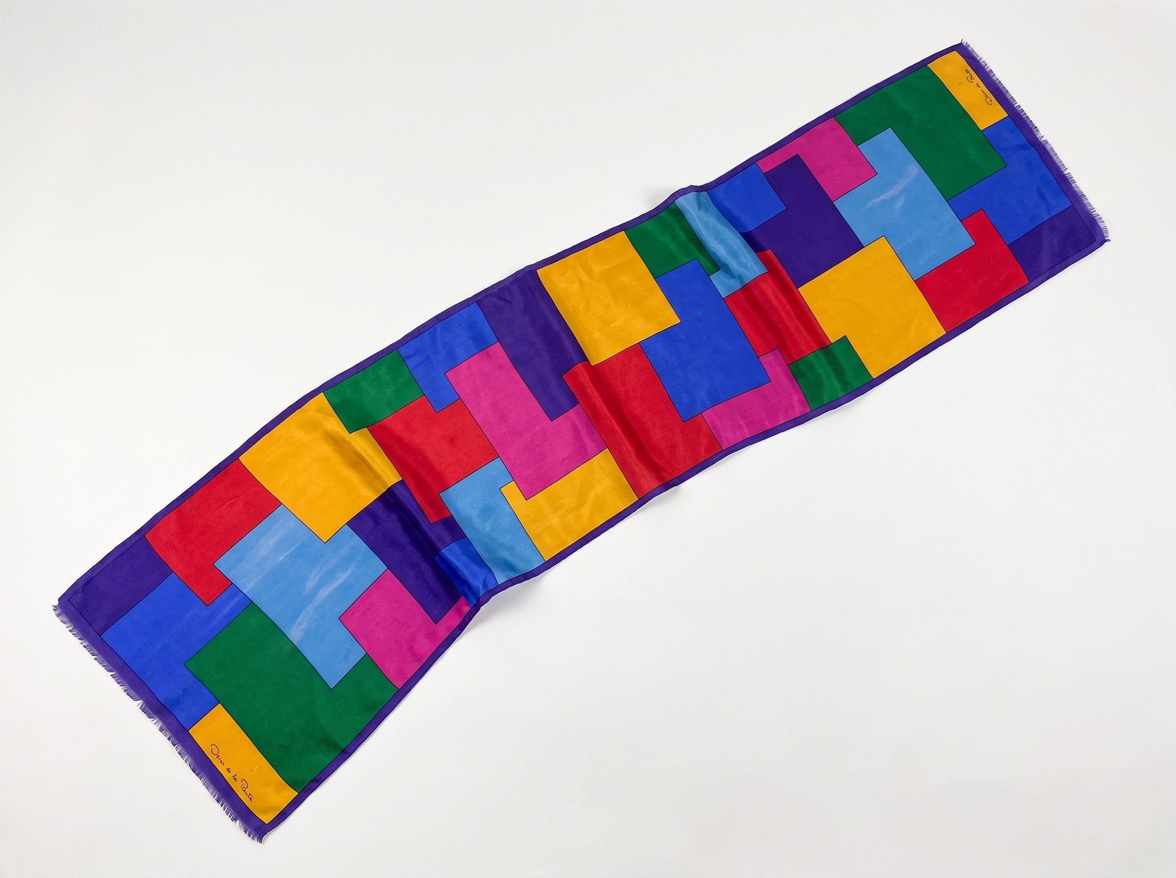 Vintage Oscar de la Renta Silk Oblong Scarf | Bold Geometric Colorblock Jewel Tone Stole