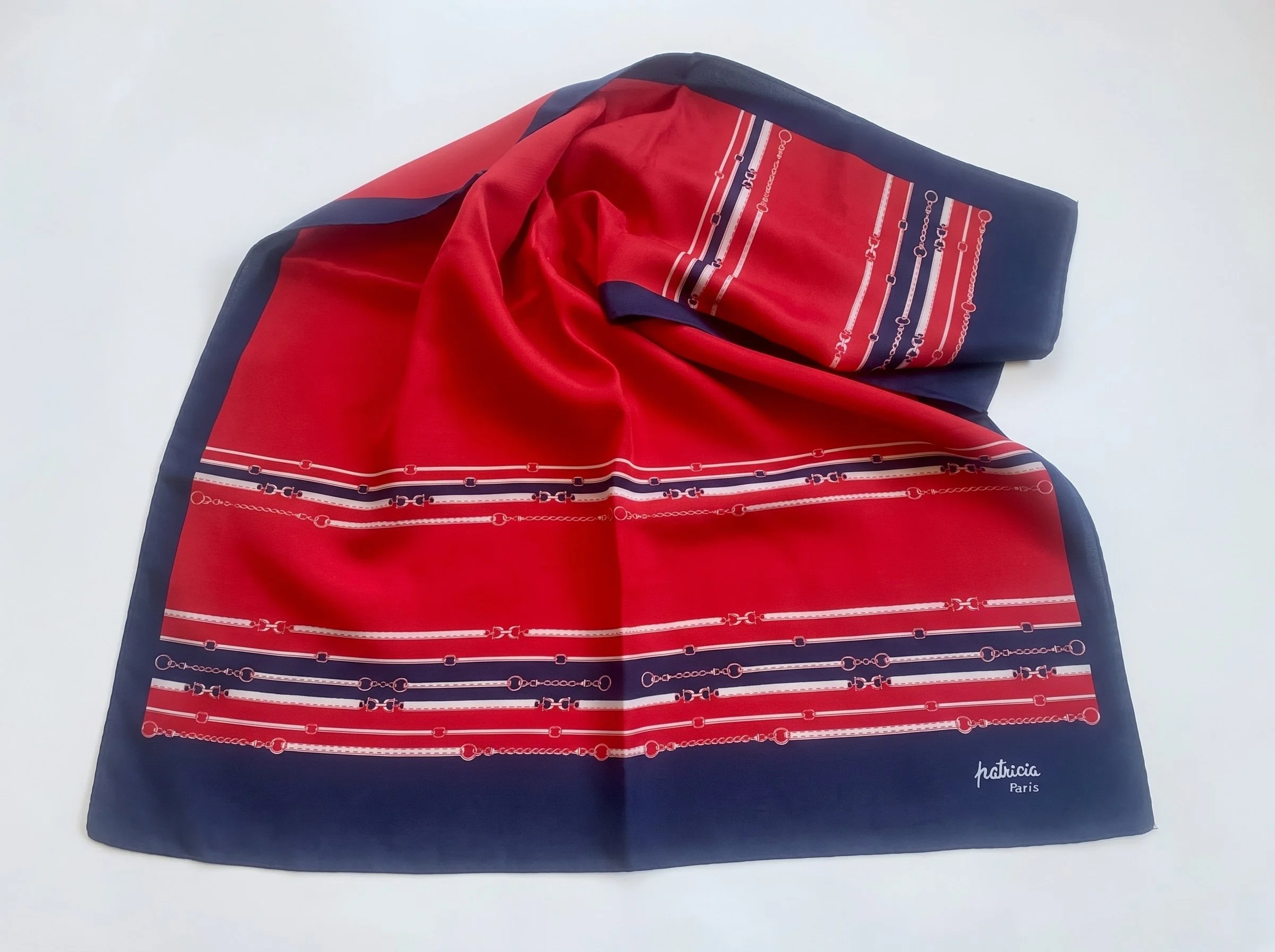 Vintage Patricia Paris Equestrian Chain Link Silk Foulard Scarf – Crimson Red & Navy Blue