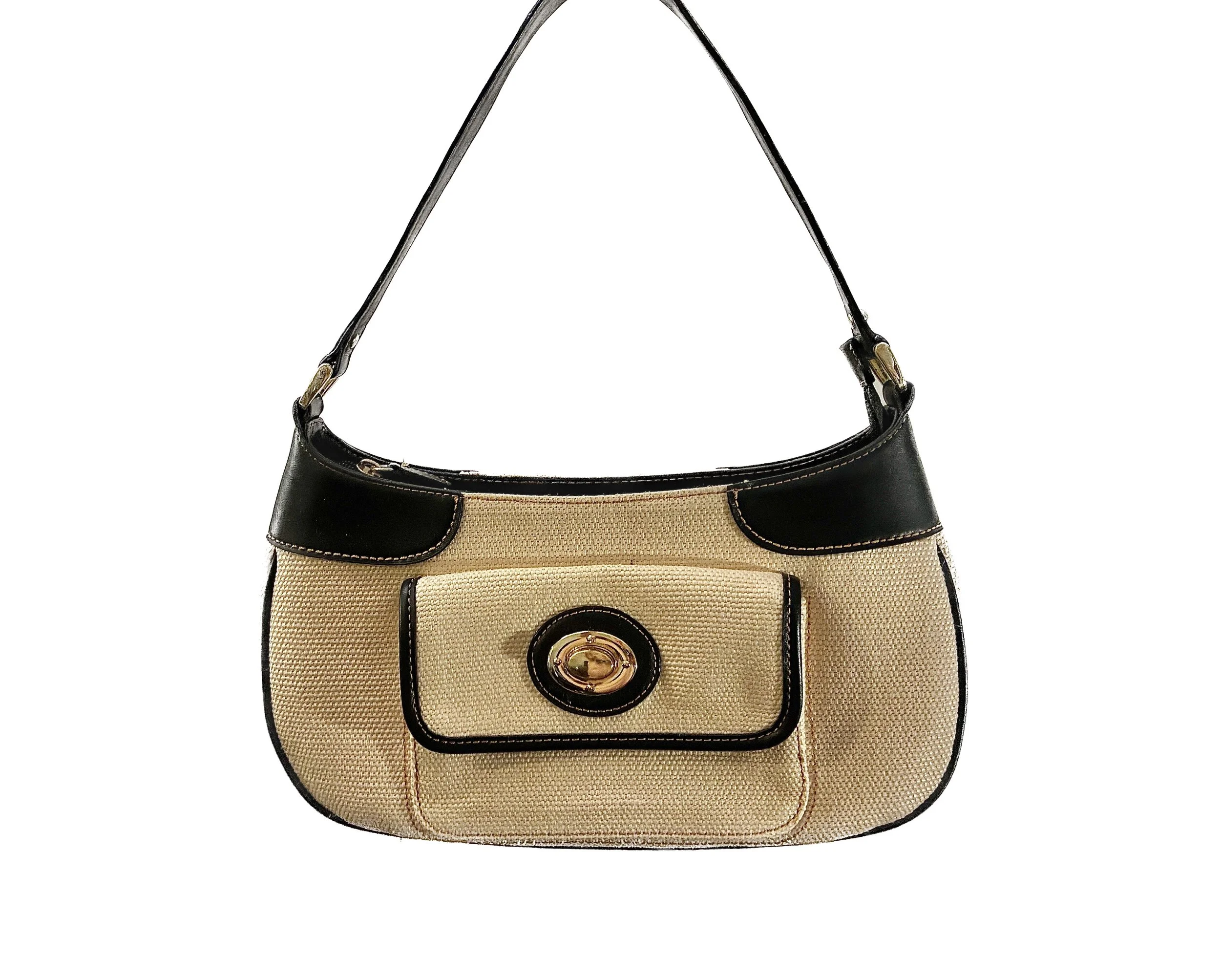Vintage Etienne Aigner small baguette shoulder bag in natural tan woven fabric with black leather trim, a brass turn-lock front pocket, and a single shoulder strap, isolated on a white background.