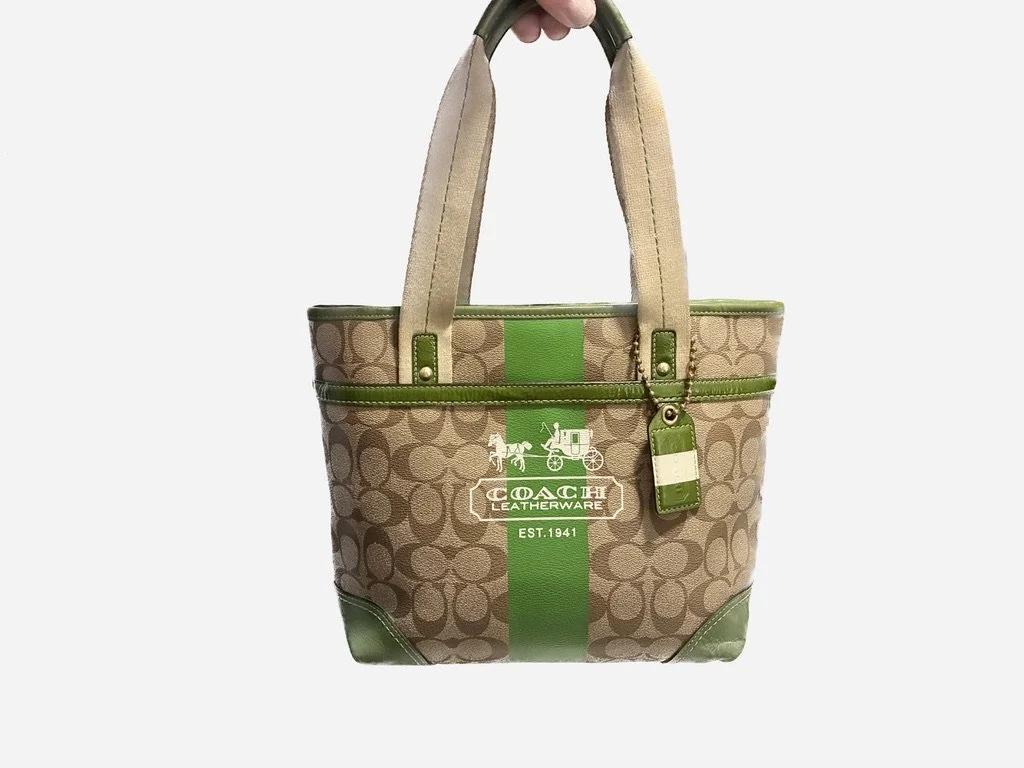 Coach Heritage Stripe Small Tote in Signature Khaki & Kelly Green (#11349)