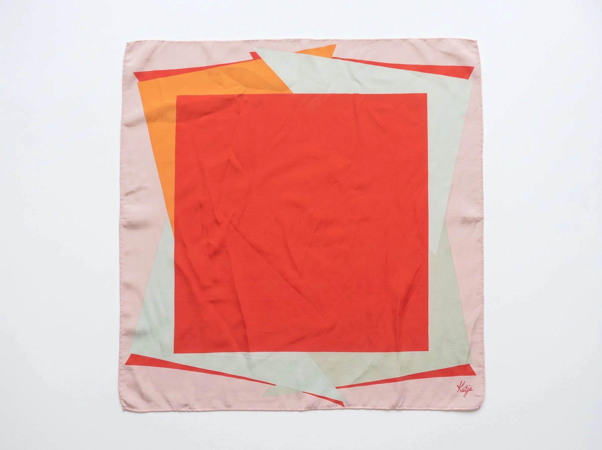 Vintage Katja of Sweden Abstract Colorblock Silk-Blend Square Scarf in Poppy & Blush