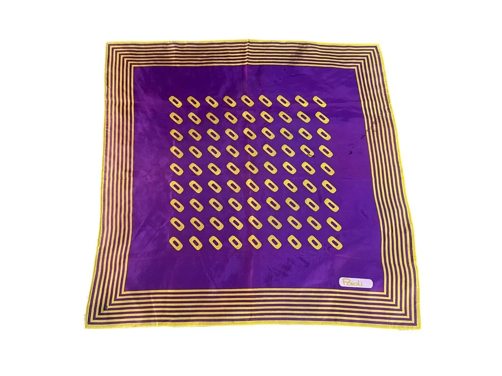 Vintage Paoli Eurofashion Square Scarf 1970s Mod Geometric Purple & Marigold Gold Handcrafted in Japan Acetate