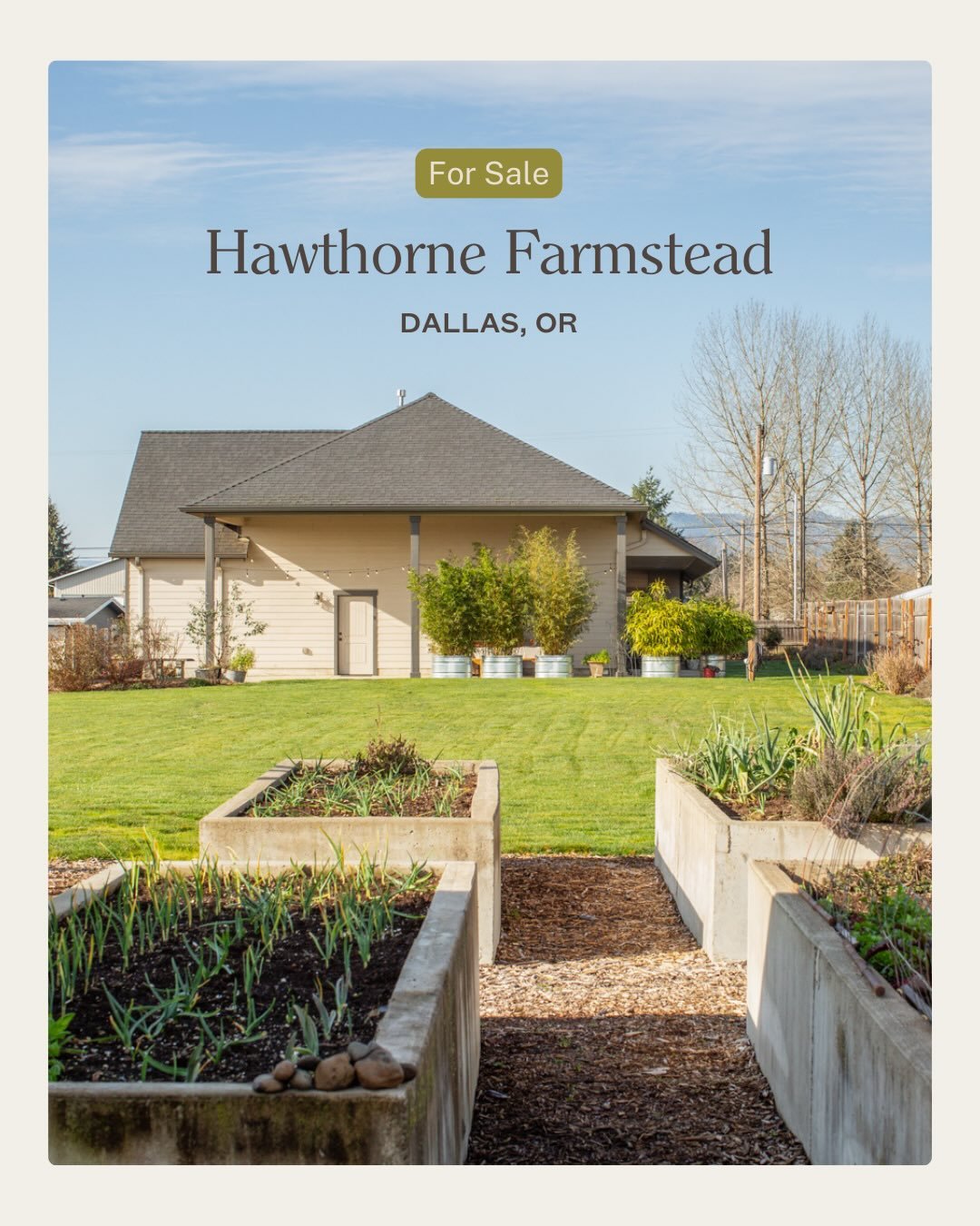 #ForSale: Hawthorne Farmstead 🌾

In the heart of the Willamette Valley, just minutes from charming Dallas, this 2014 custom home anchors a fully fenced acre designed for both gathering and growth.

Vaulted ceilings create light and scale throughout 