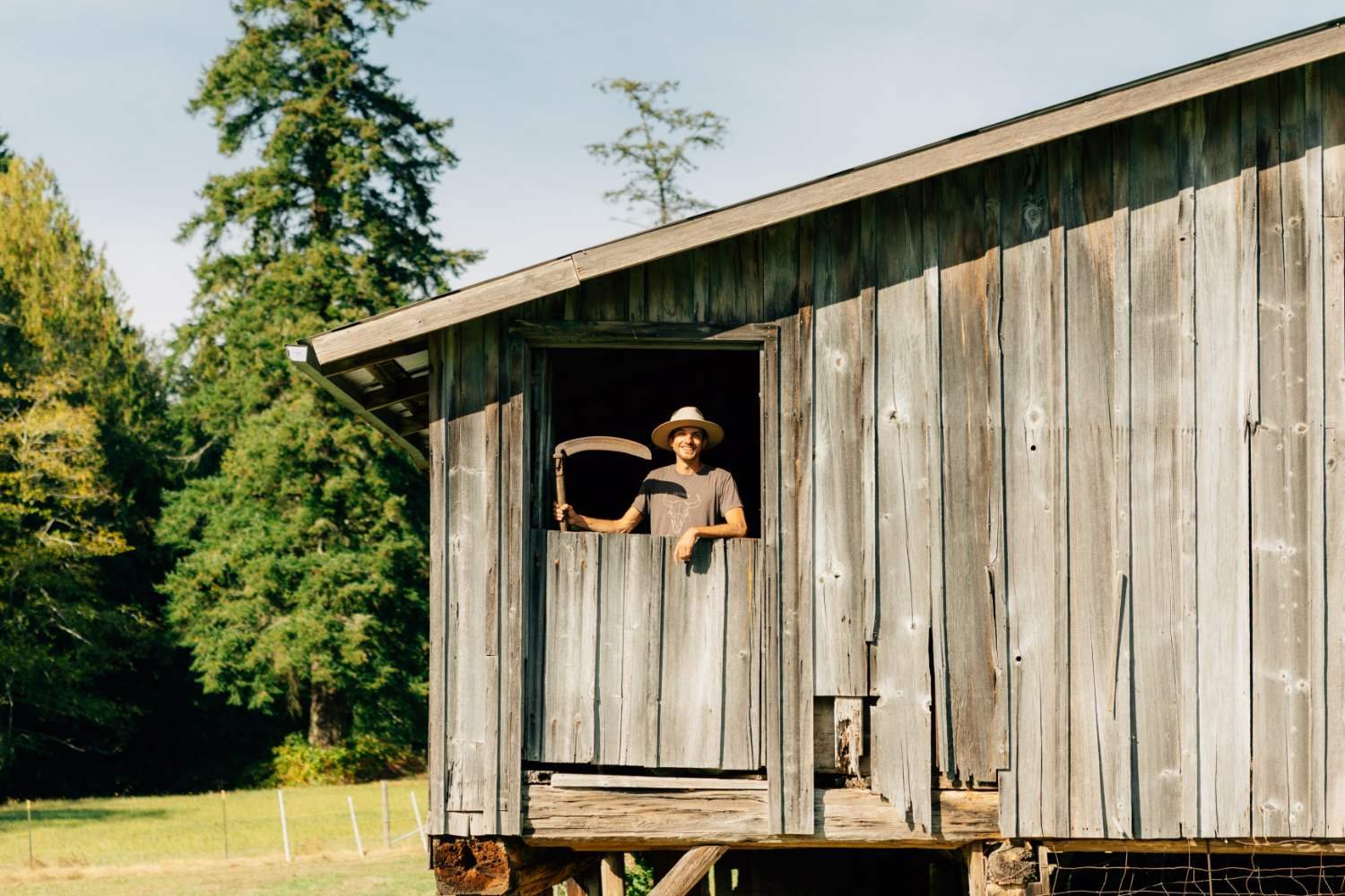 A farmer overlooking a barn window holding a rustic scythe.