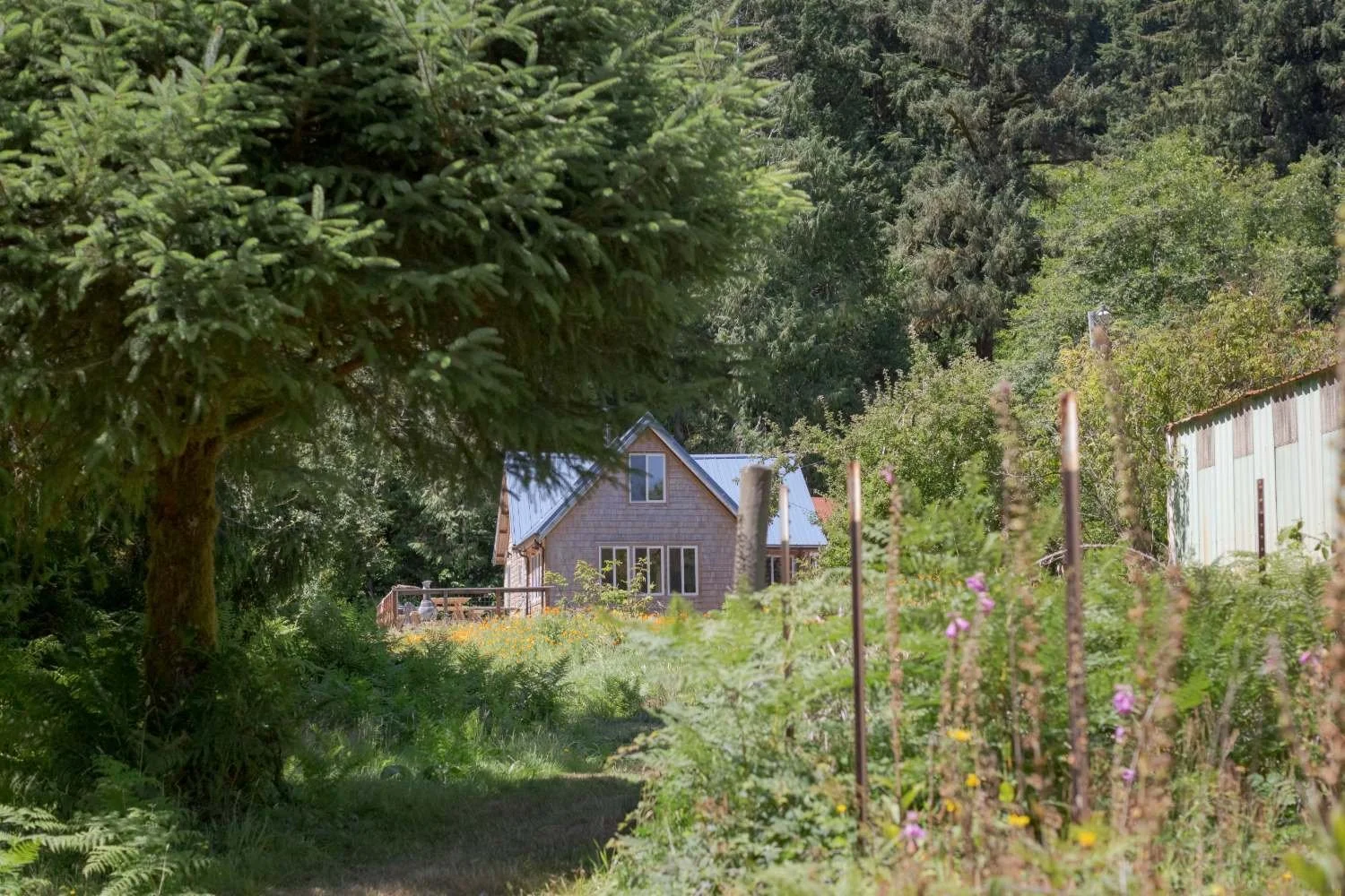 lush farmstead with rustic wooden farmhouse in Cloverdale, Oregon