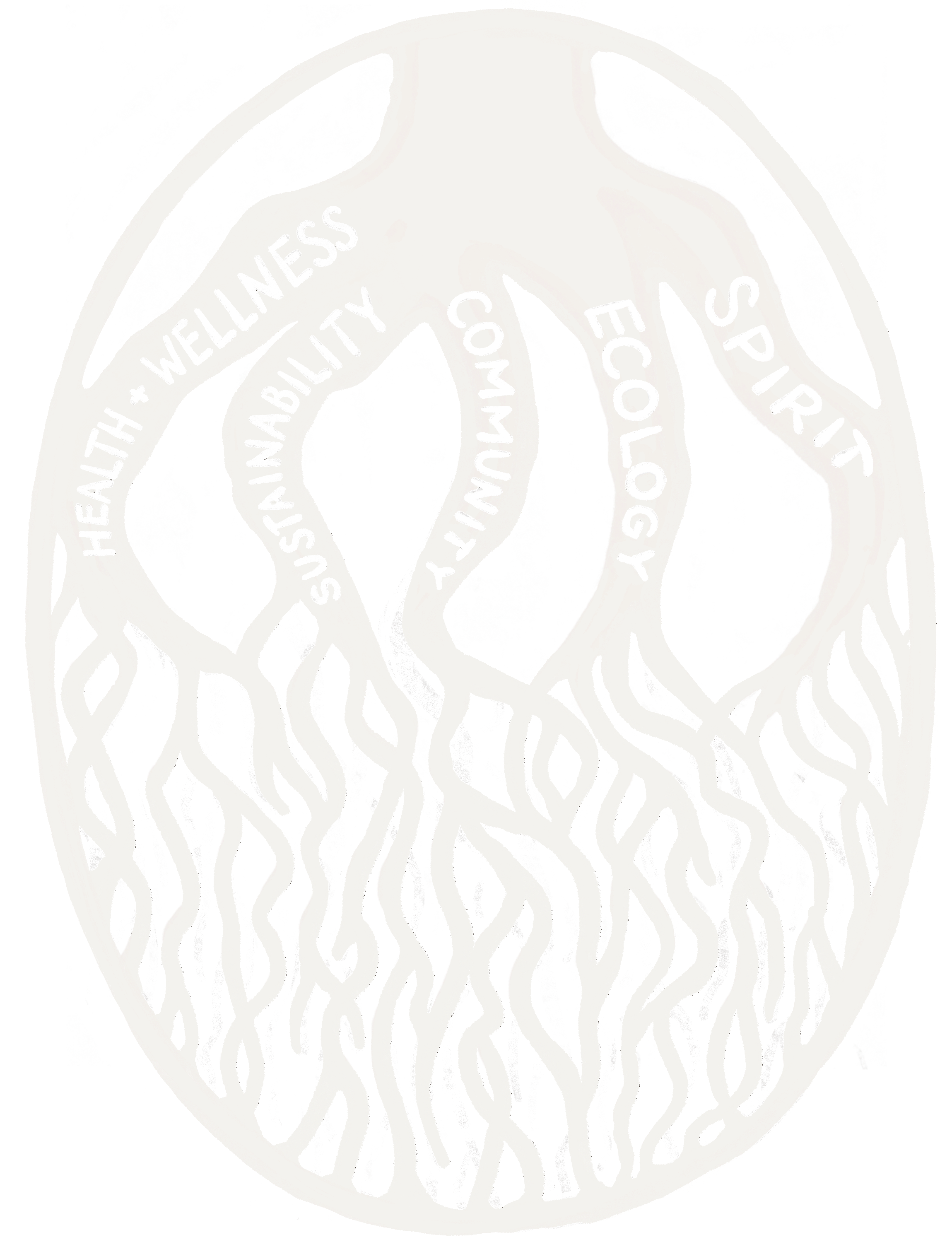 An illustration of a tree with roots, with words written inside the branches and roots including 'Health + Wellness', 'Sustainability', 'Community', 'Ecology', 'Spirit', and 'Hope'.
