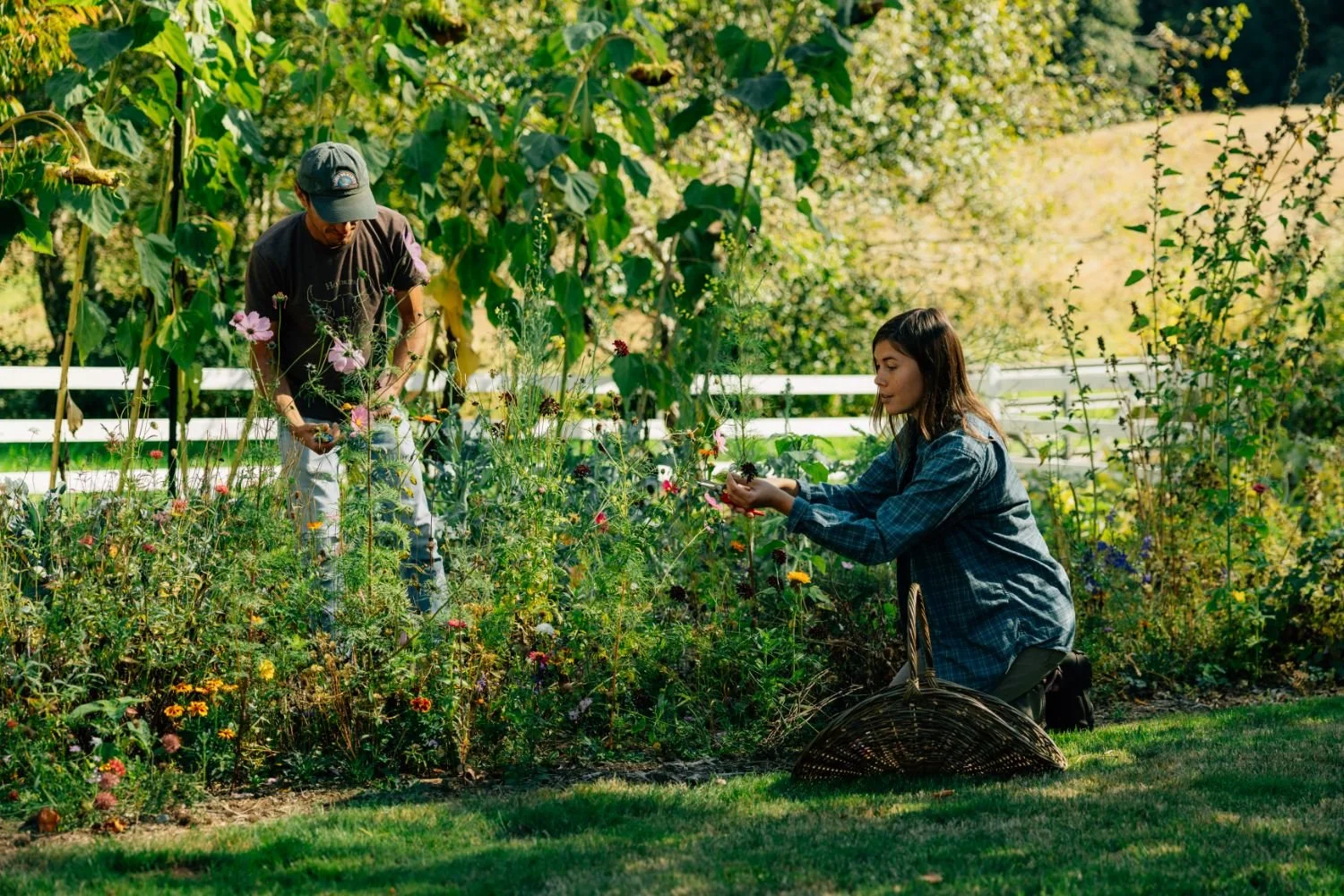 couple tending to a flower garden on their farm in Washington