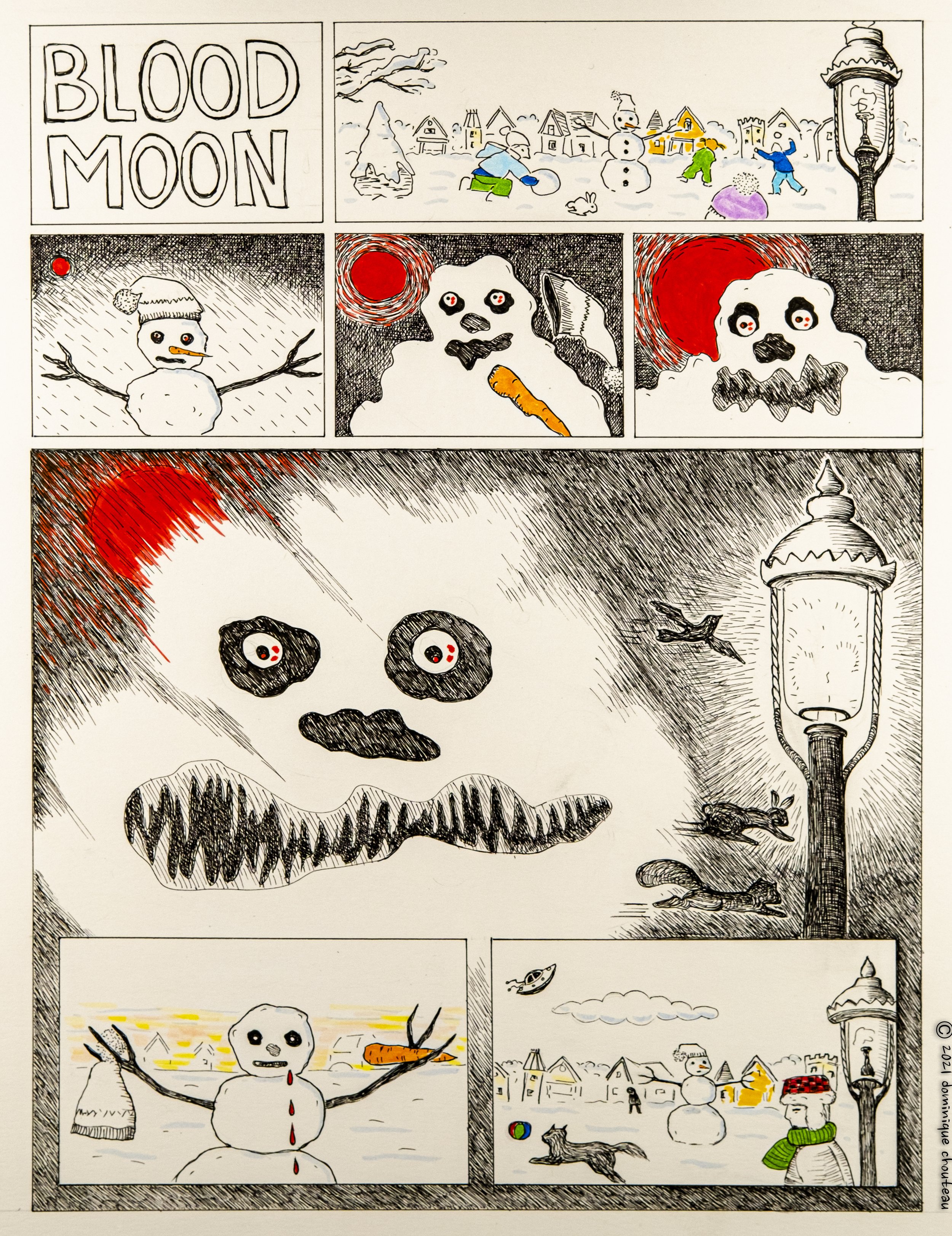 "Bloodmoon", February 23, 2021 - a snowman waxes and wanes in Wellesley Park, Dorchester, MA