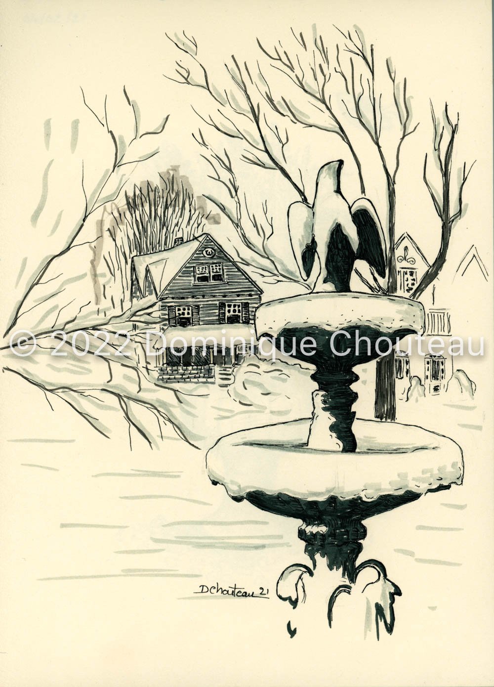 Wellesley Park's heron statue in the snow, 2021