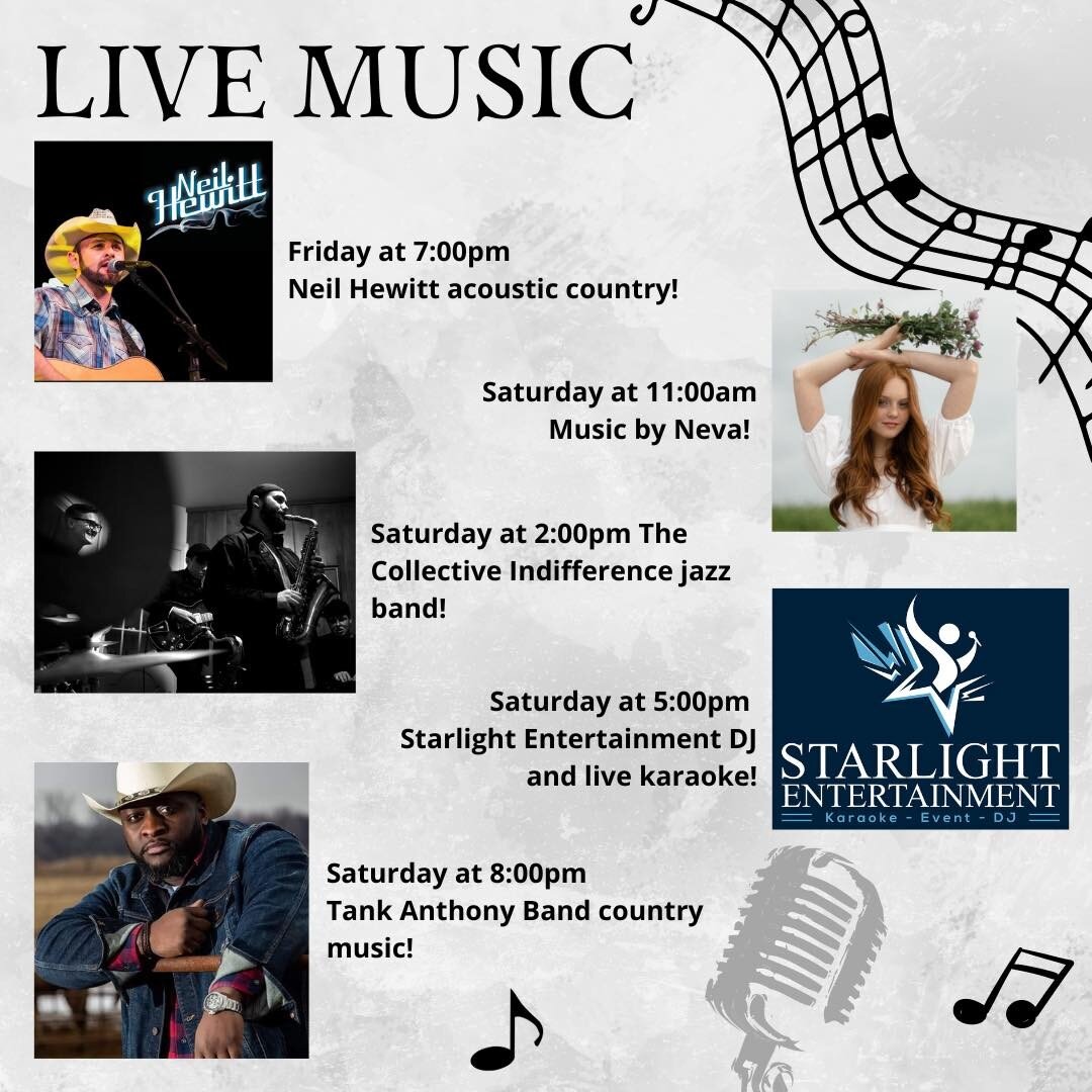 Check out our live music this weekend! 🎶 

&bull; Fri. at 7:00pm Neil Hewitt from The Voice! 🎙
&bull; Sat. at 11:00am Music by Neva local artist! 💐
&bull; Sat. at 2:00pm The Collective Indifference jazz band 🎷
&bull; Sat. at 5:00pm Starlight Ente