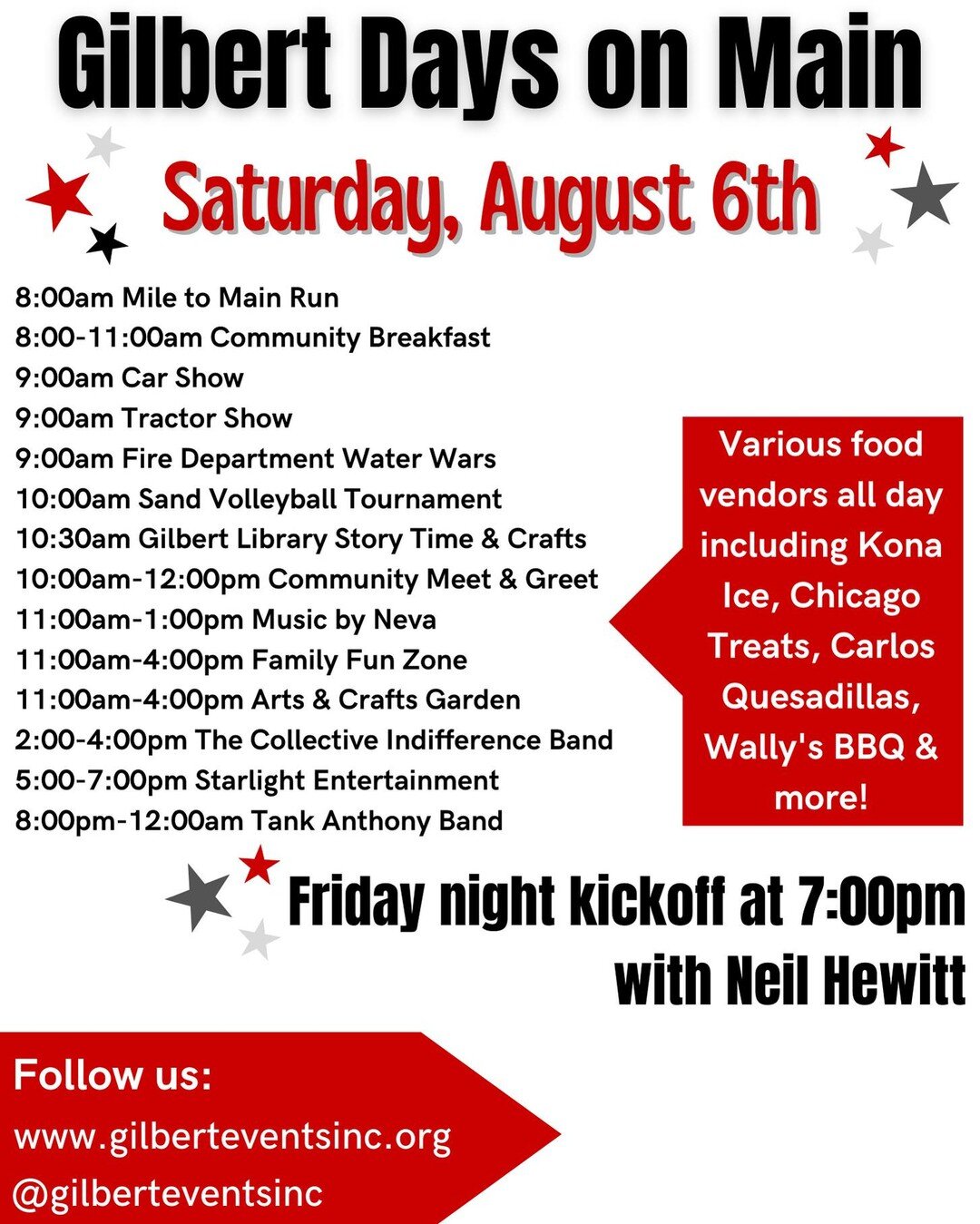 Come out to Main Street in Gilbert, IA on Saturday and enjoy these amazing activities for all families and ages during Gilbert Days on Main!🍉🤩🍺🎡 We have food, inflatables, crafts, tournaments, live music &amp; more❗️

#gilbertdays #gilbertdaysonm