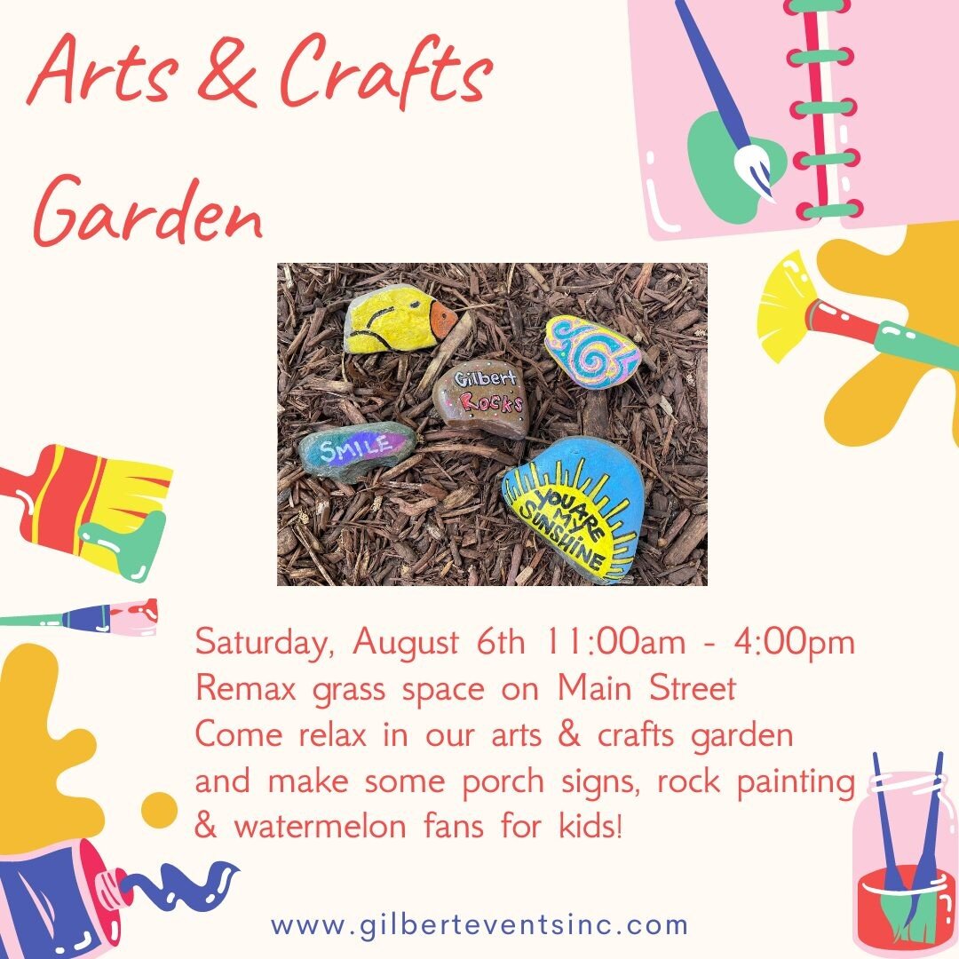 🖌 Arts &amp; Crafts Garden 🖌
📅 Saturday, August 6th 11:00am - 4:00pm
📍Grass space next to Remax on Main Street Gilbert, IA
Come relax in the garden and enjoy rock painting, make a porch sign, and kids can create adorable watermelon fans!🍉
#gilbe