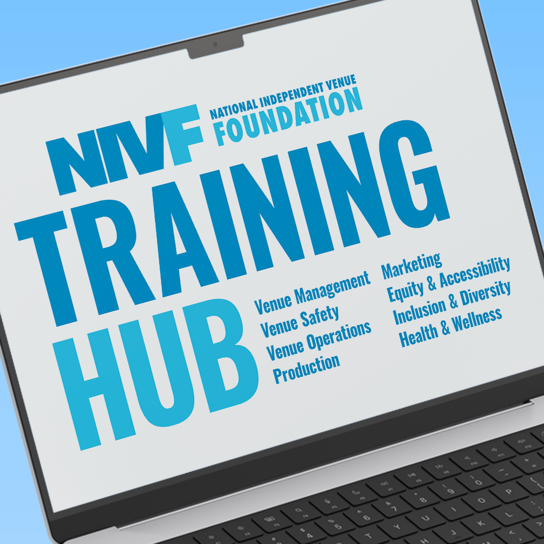 Laptop screen displaying the logo and information for the National Independent Venue Foundation Training Hub, including topics like venue management, safety, operations, marketing, equity, inclusion, health, and wellness.