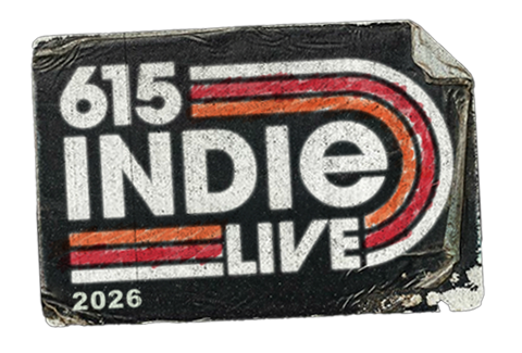 A logo for 615 Indie Live 2026, featuring bold white text and a stylized red and white curved line design on a black background.