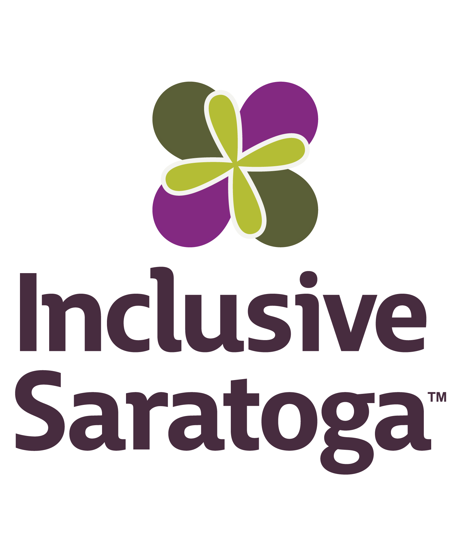 Logo of Inclusive Saratoga featuring a stylized flower with four purple and four green petals above the text 'Inclusive Saratoga' in purple.