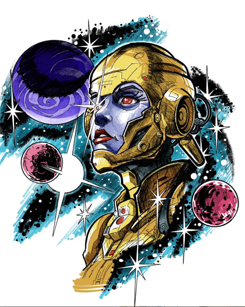 A colorful, comic-style illustration of a female cyborg with a robotic face, red eyes, and a golden metallic headpiece, set against a space background with planets and stars.