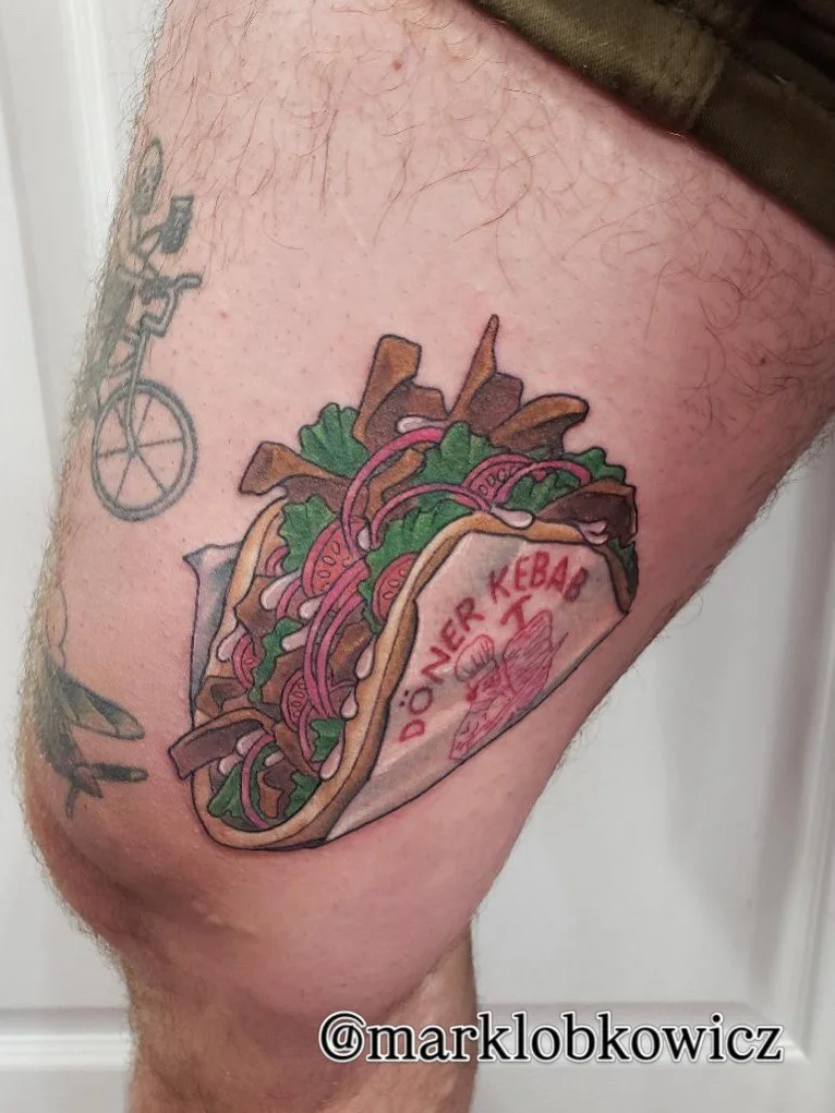 An extremely delicious tattoo done by @marklobkowicz 
Message him to make all your food tattoo dreams come true. 
#tattoos #yegtattoos #edmontontattoos #donerkebab