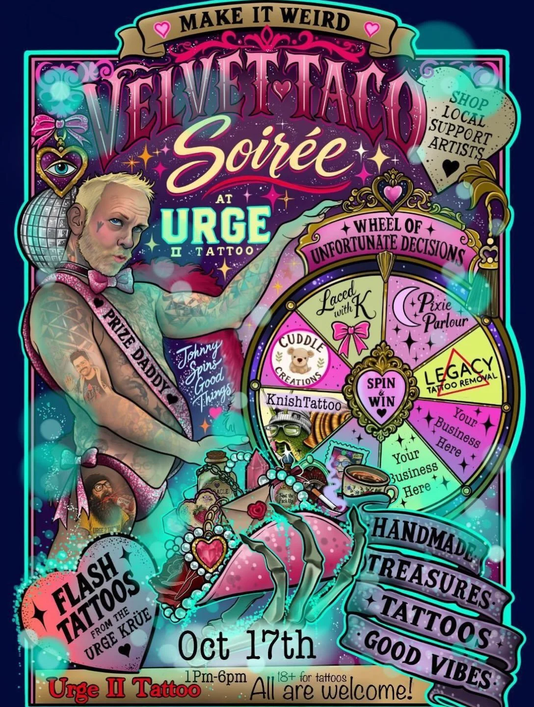 THIS SATURDAY AT @urge2tattoo 

It&rsquo;s a day of handmade treasures (many offensive things that have gotten us rejected from normie markets) and FLASH TATTOOS from the Urge Krue 

We also have some pretty crazy door prizes!!
Spin the wheel of John