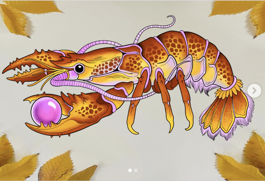 A colorful illustration of a lobster with a purple gemstone in its claw, surrounded by yellow autumn leaves.