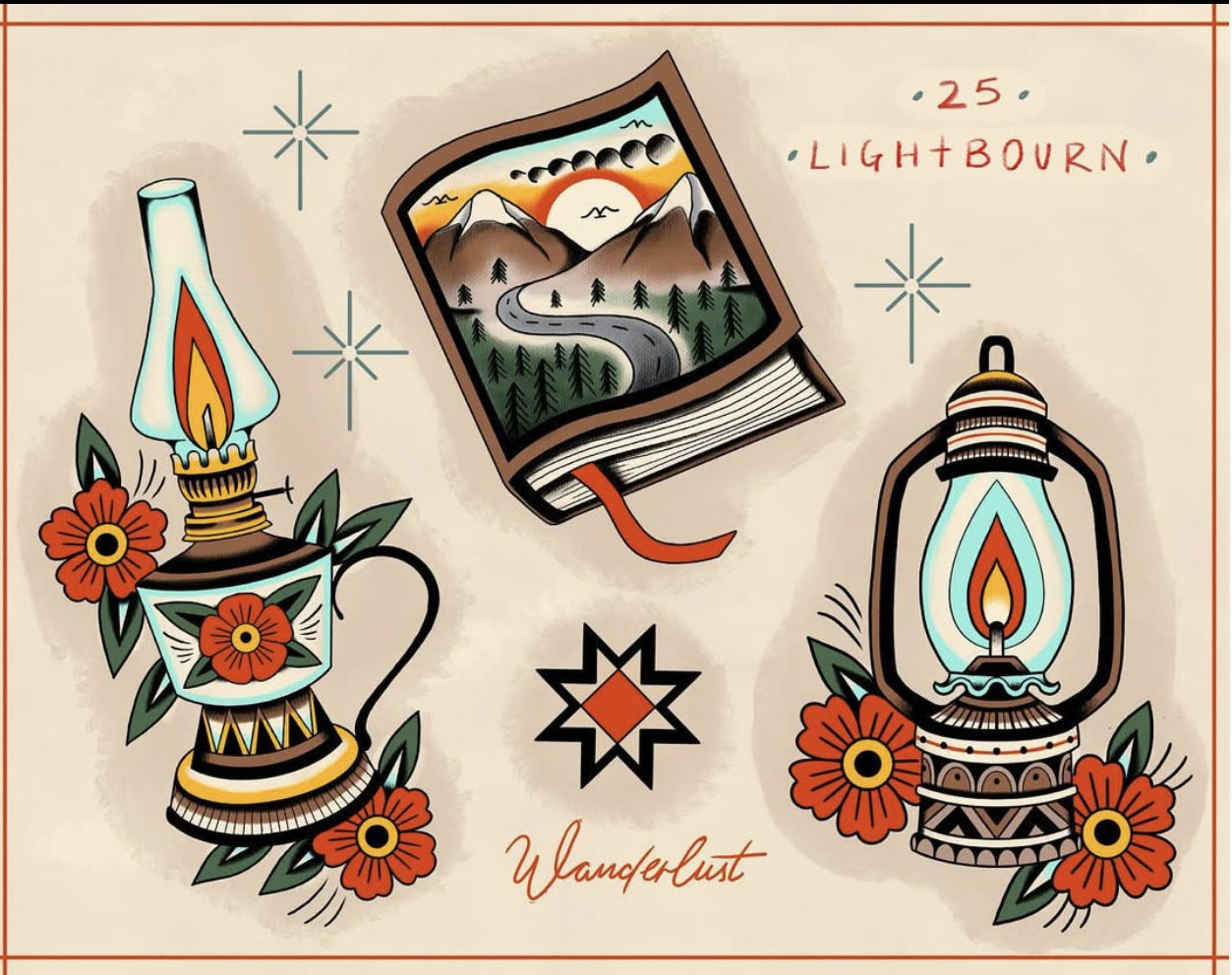Tattoo sheet featuring a mountain landscape with a sunset, two lantern illustrations with flowers, a numbered label reading '25 LIGHTBOURN,' and the word 'Wanderlust' written in cursive.