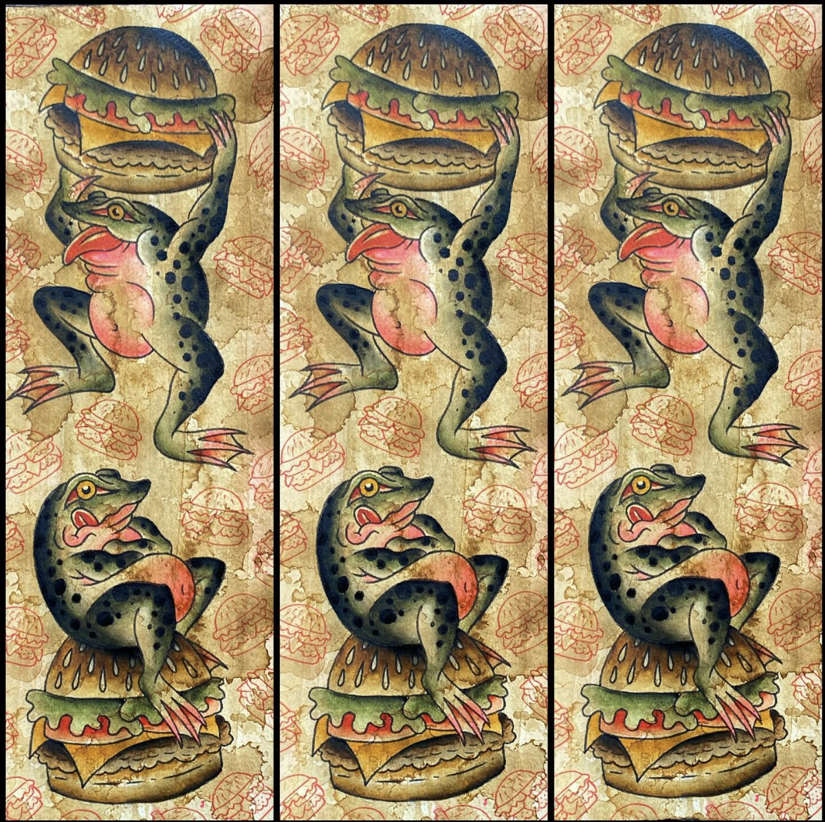 Repeated pattern of cartoon frogs with salmon-colored bellies, sitting on burgers with lettuce, tomato, and buns, against a background with faint burger illustrations.