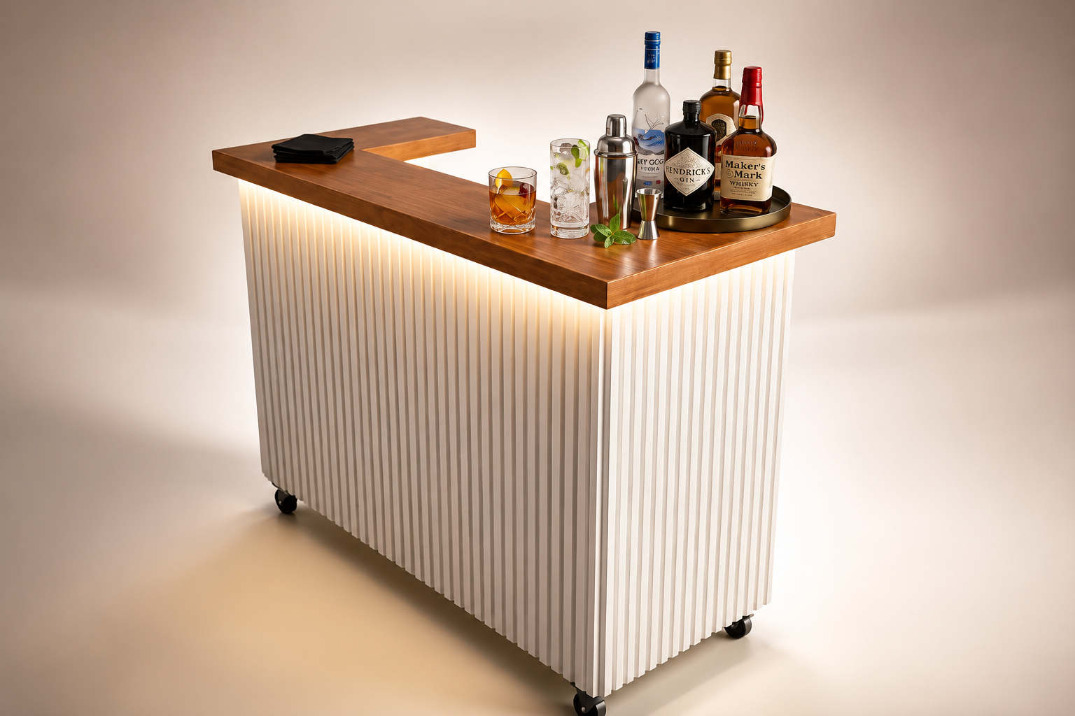 Modern bar cart with a wood top, illuminated striped white base, and wheels, holding various liquor bottles, a cocktail glass, and a shaker.