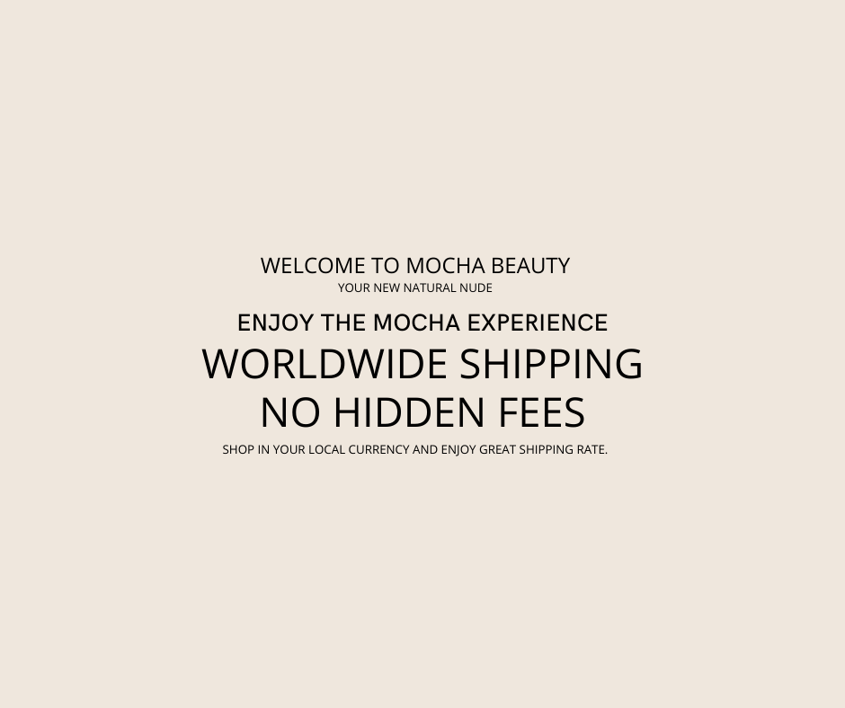 Text-based advertisement for Mocha Beauty promoting worldwide shipping and no hidden fees.
